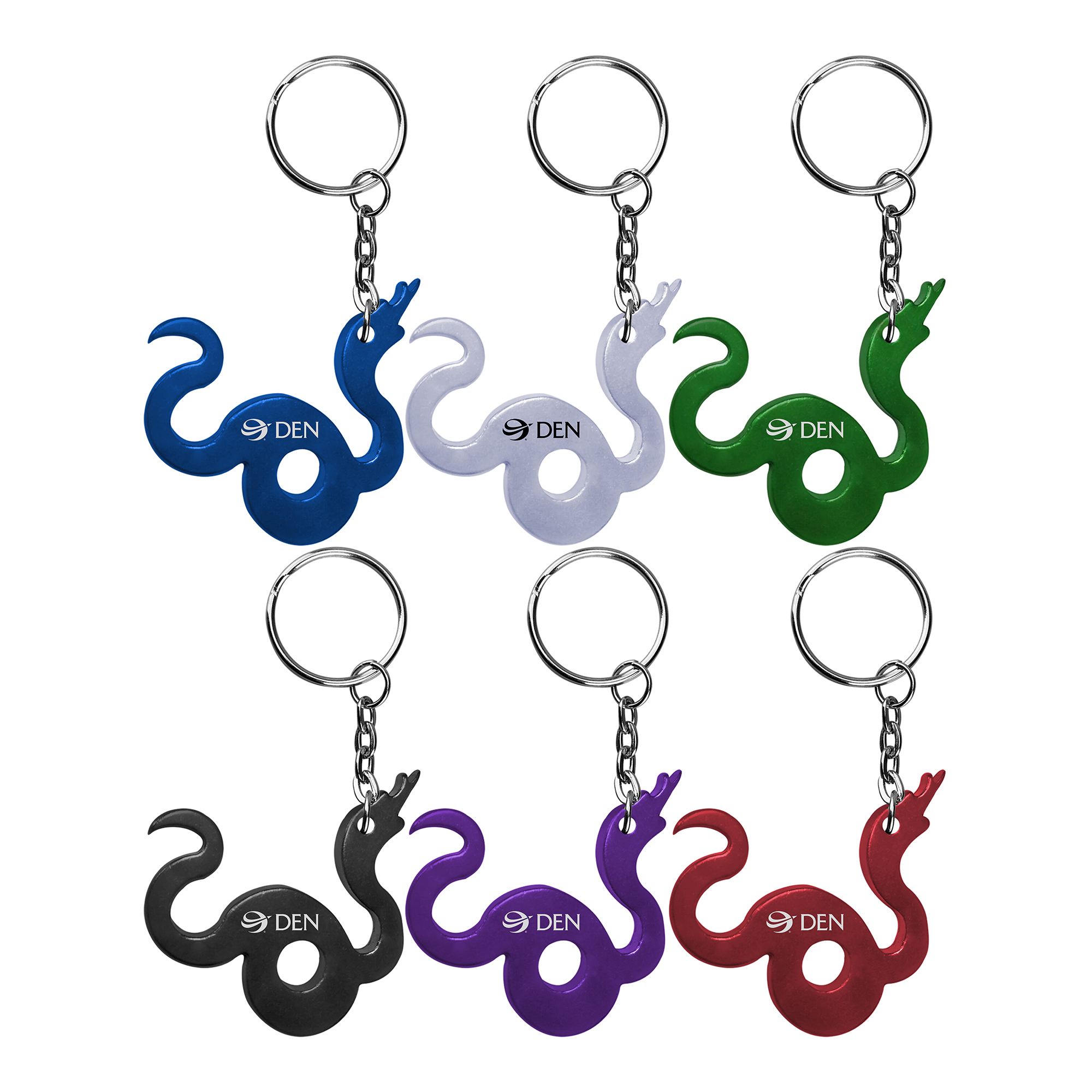 Snake shape bottle opener with key chain.