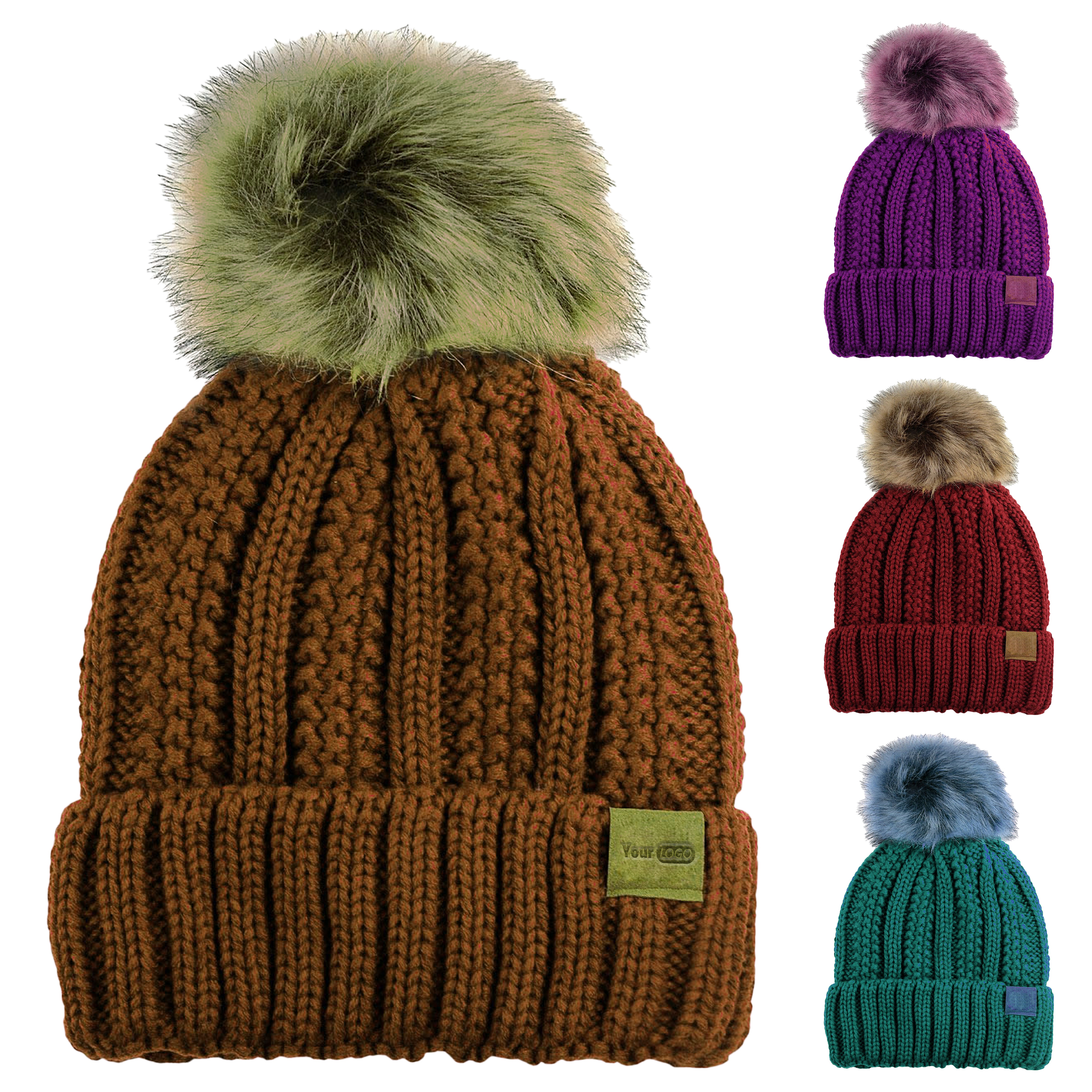 Acrylic Warm And Trendy Ribbed Beanie With Faux-Fur Pom-Pom 2