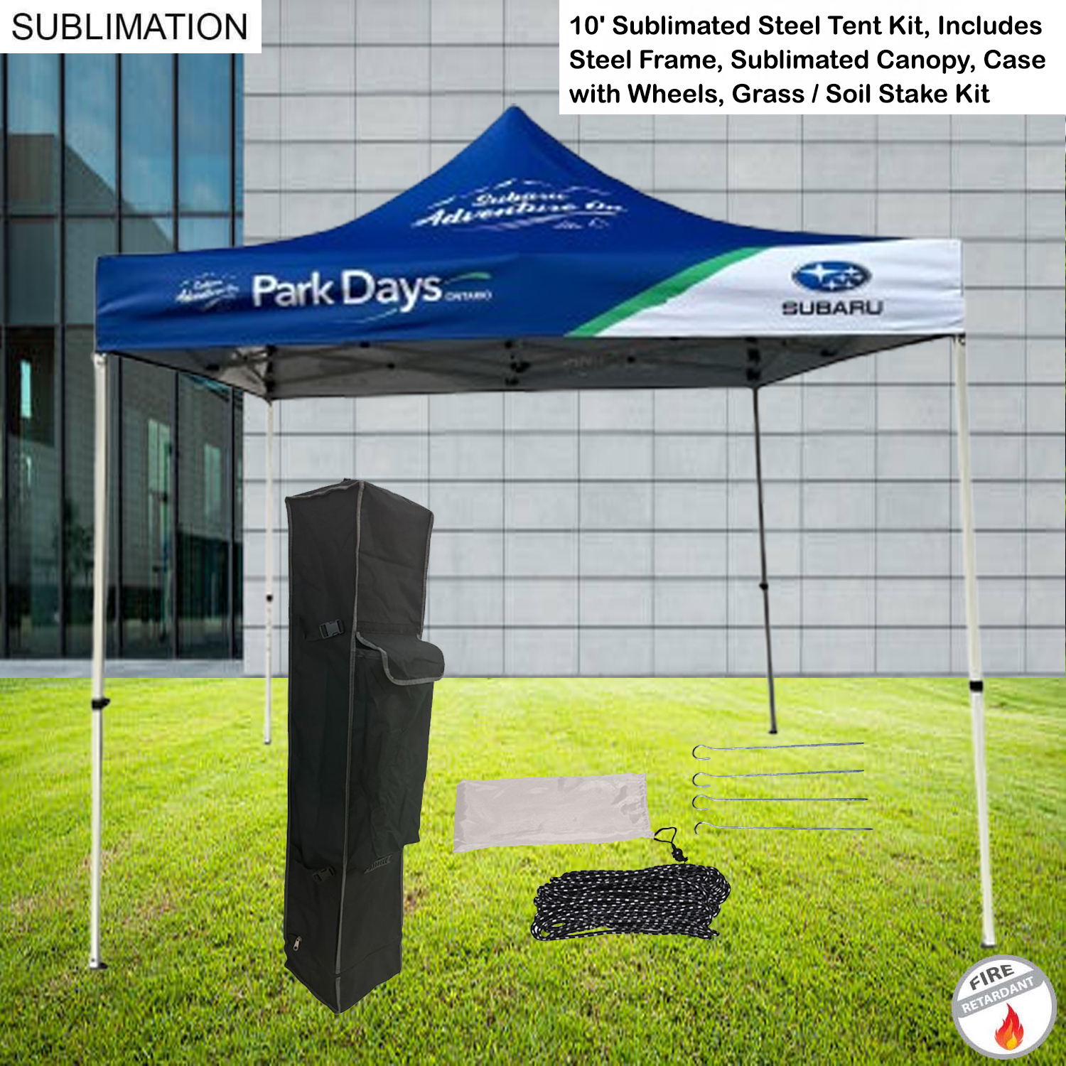 10' Steel Tent Kit, Includes Steel Frame, Sublimated Canopy, Case, Grass Stake Kit 16