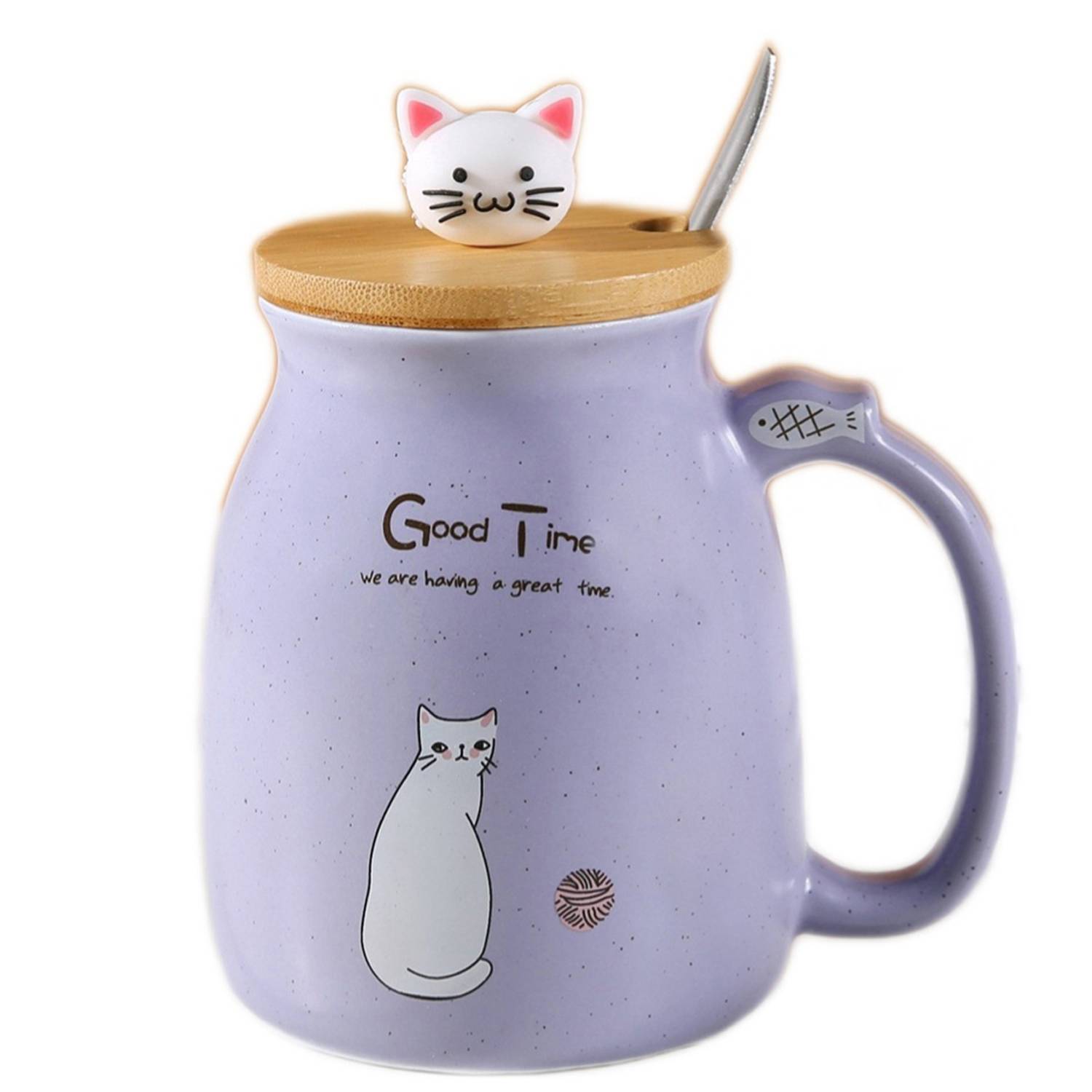 15oz Wooden Lid Cat Ceramic Mug w/ Spoon 7
