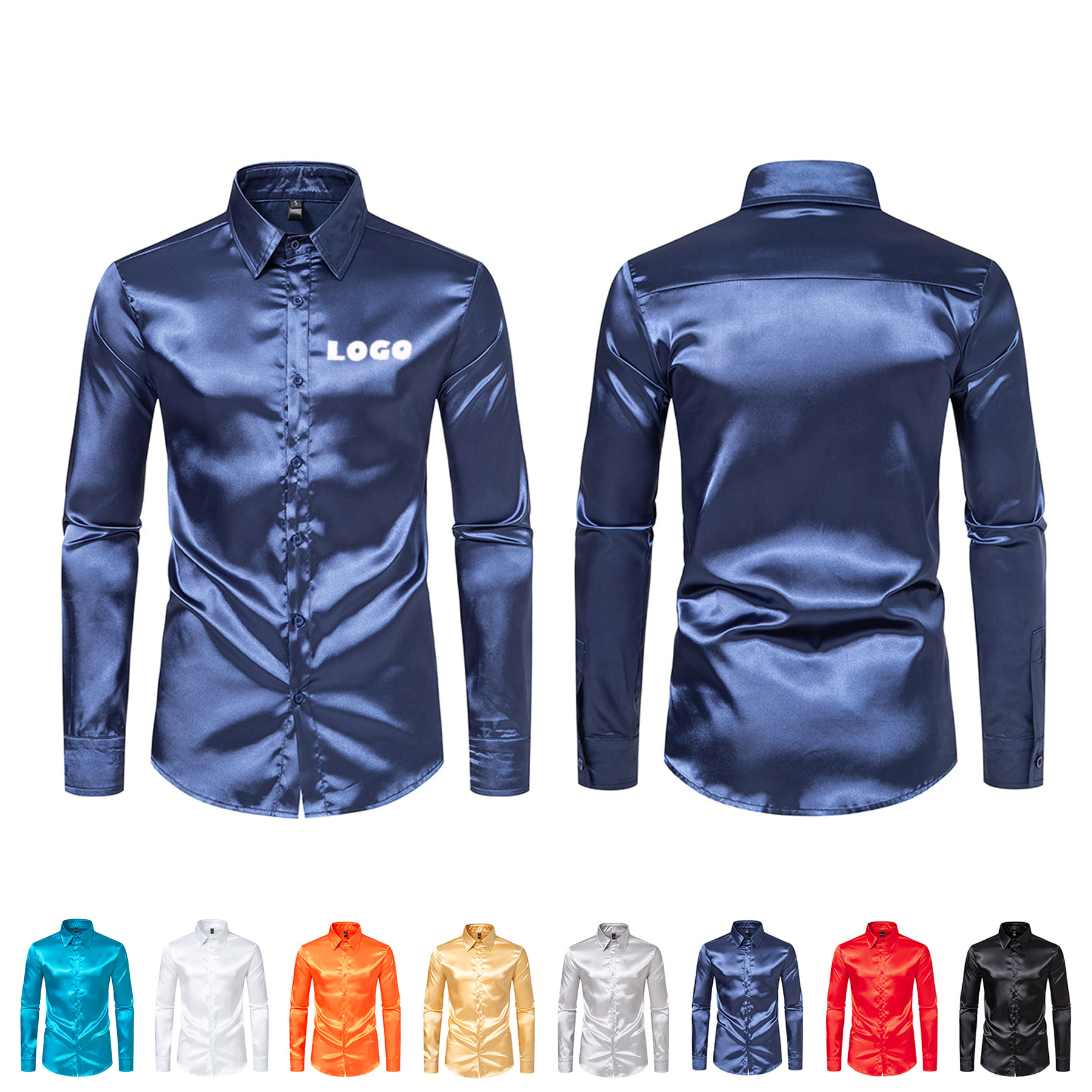 Men Long Sleeves Band Collar Solid Prom Satin Shirts 2
