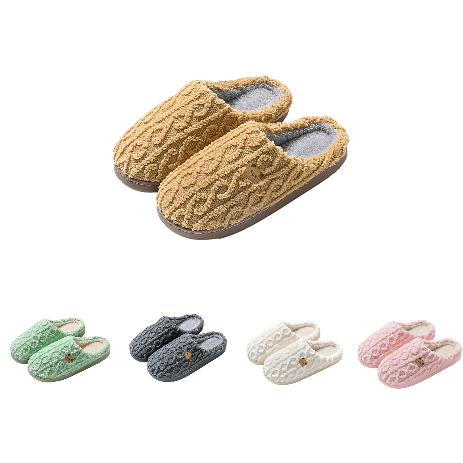 Cute Bear Print Plush Winter Slippers 4