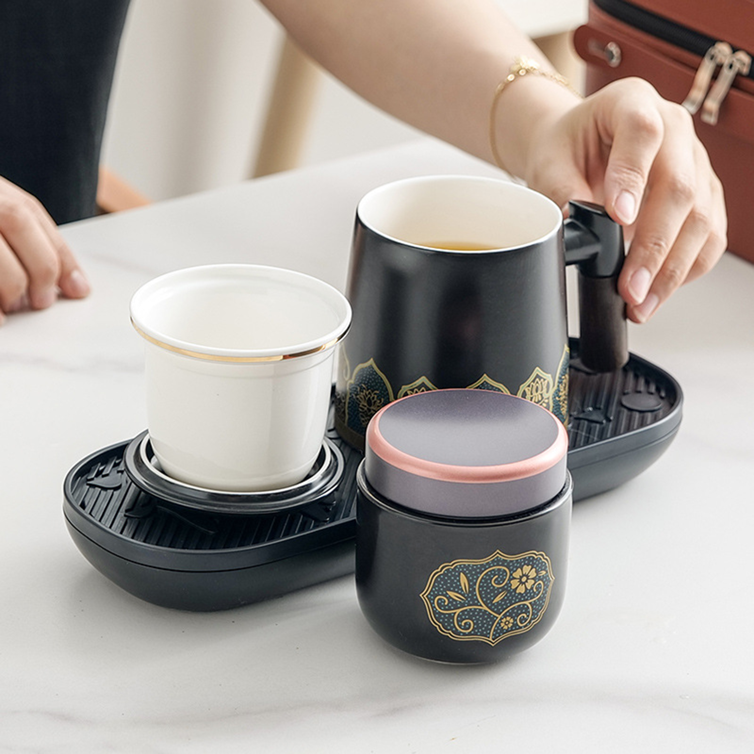 Ceramic Tea Cup With Infuser And Lid Mugs Wooden Handle 7