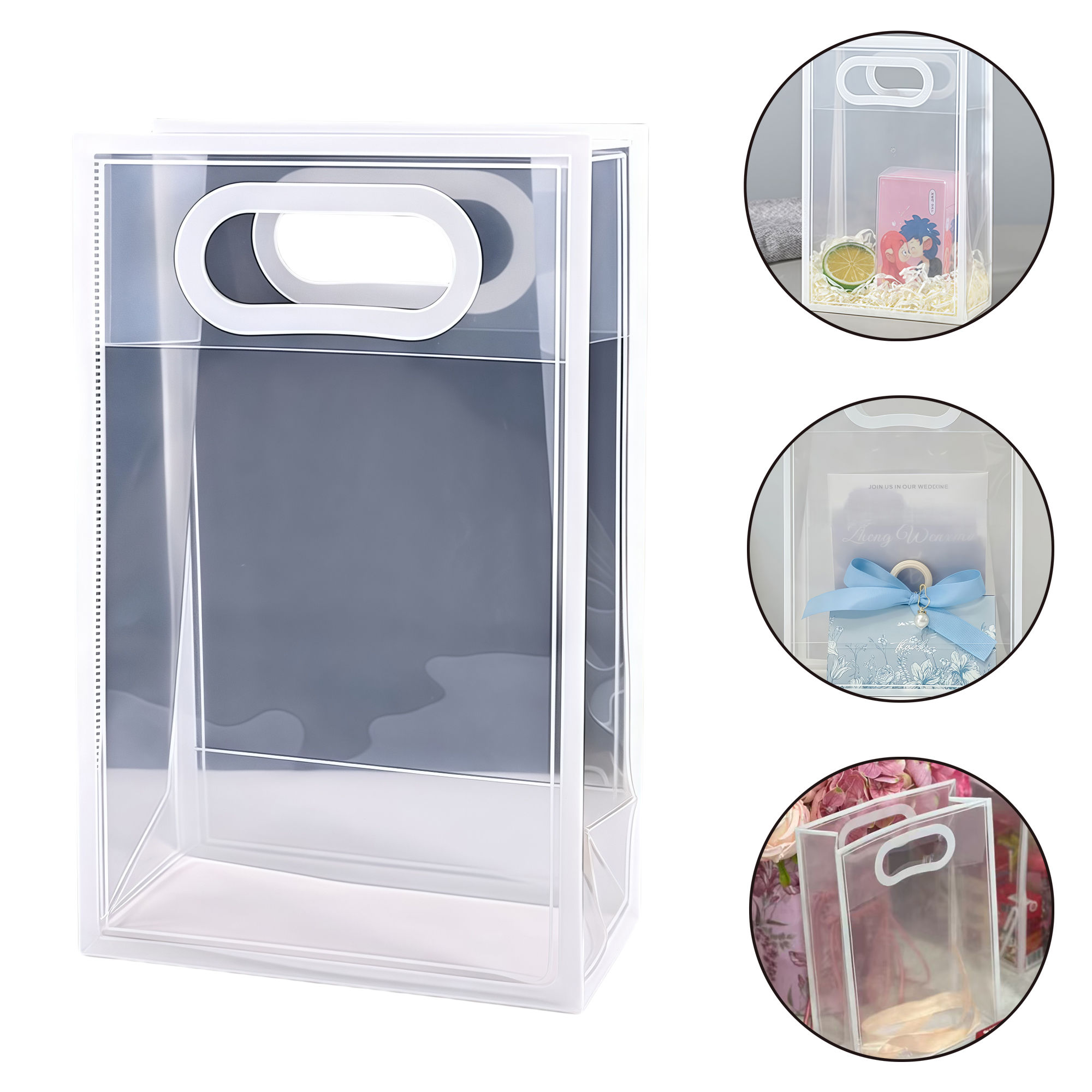 White Transparent Gift Bags for Cosmetics Wedding Favors Elegant Plastic Handbags 9.4x5.9x3.1" 3