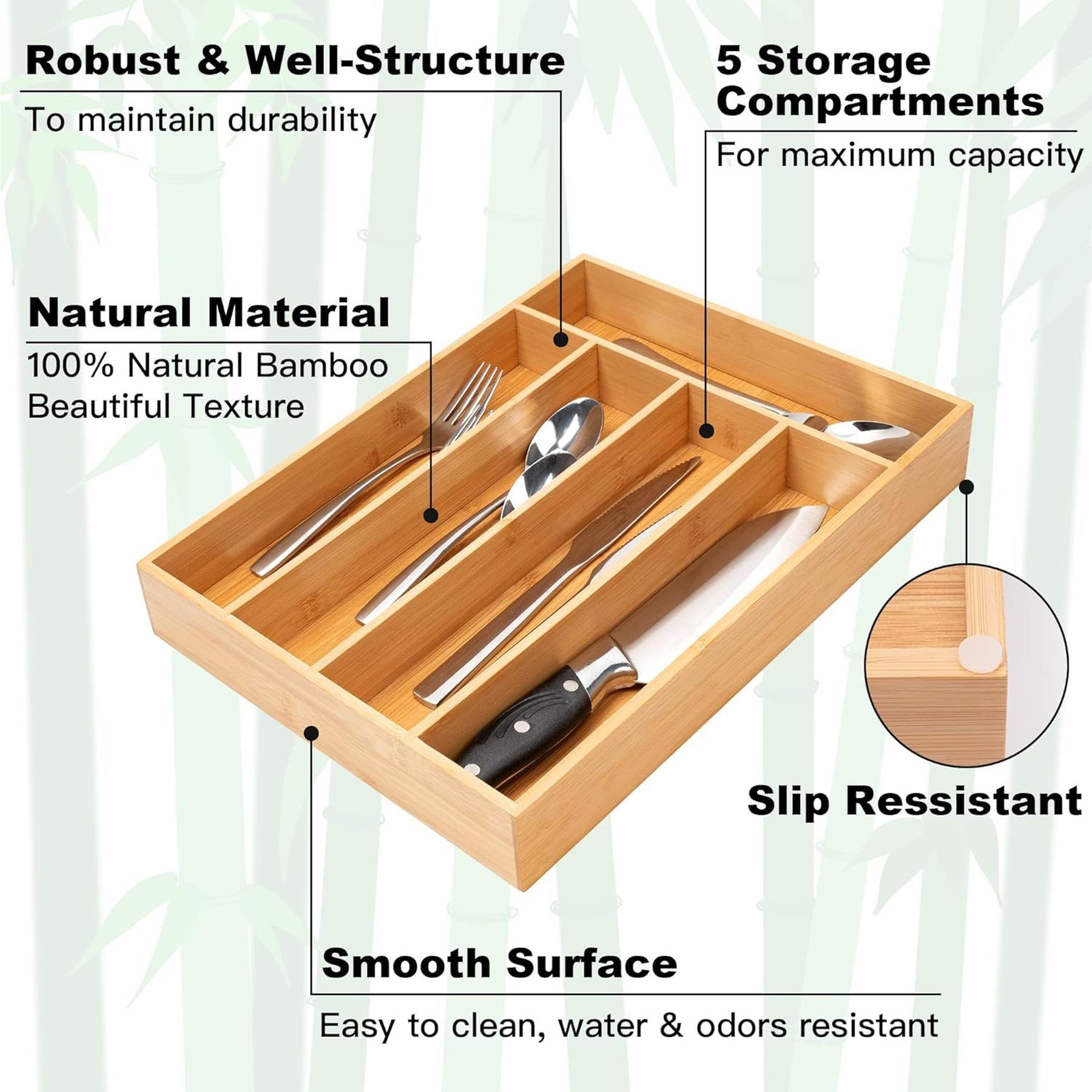 Bamboo Drawer Kitchen Organizer Silverware Holder 6