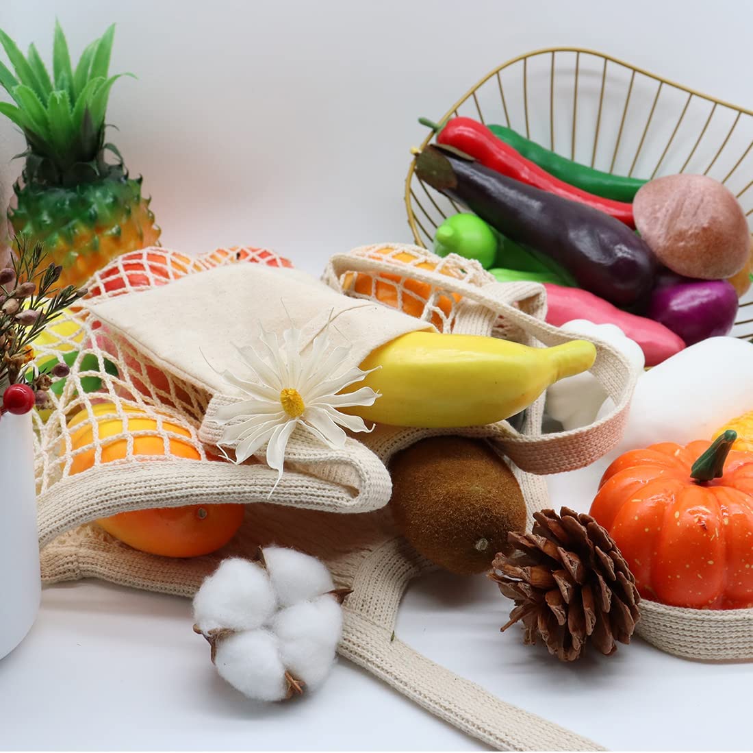 Vegetable Kitchen Cotton Net Bag w/Long Handle String & Pocket 1