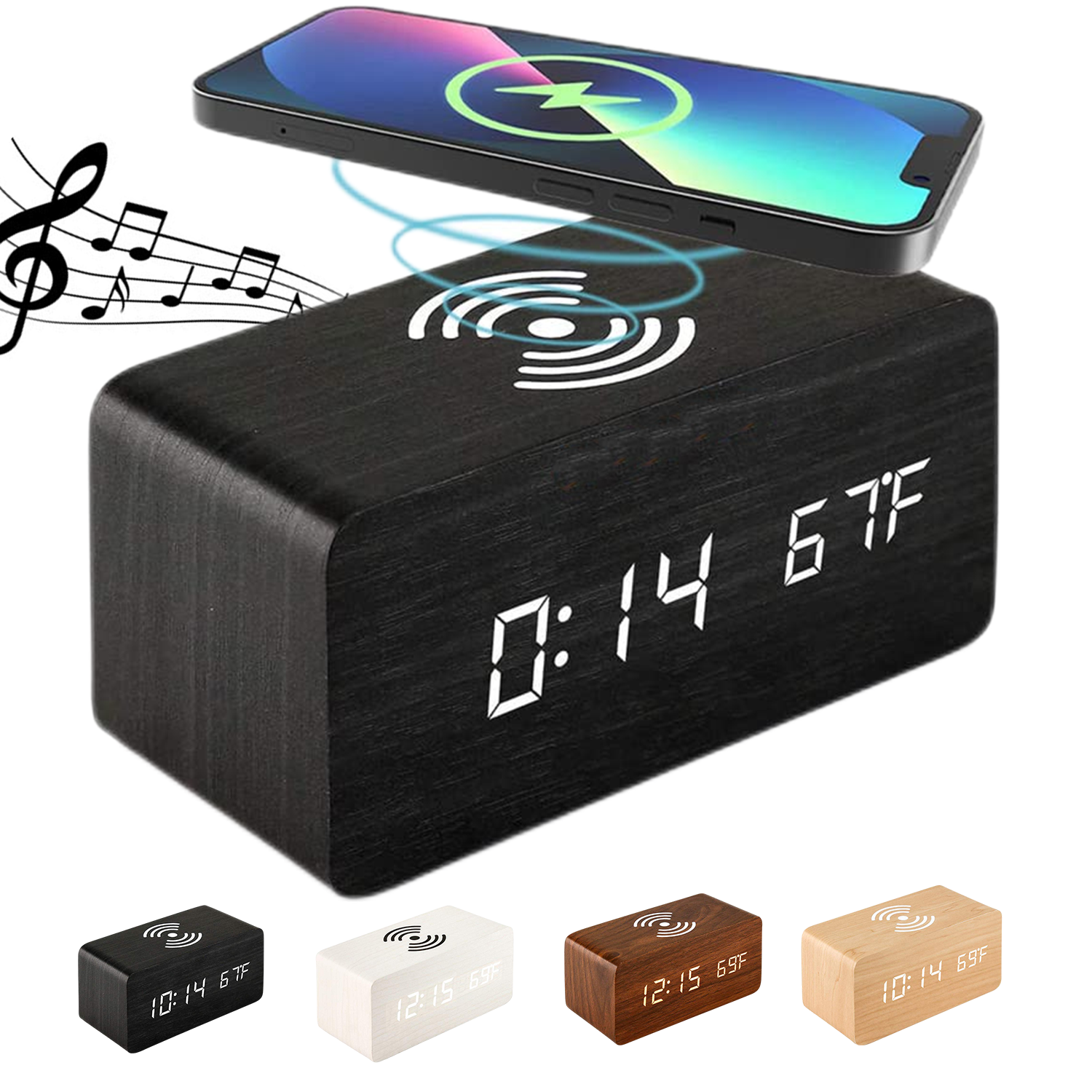 Wooden Wireless Charging Alarm Clock With Bluetooth Speaker 3