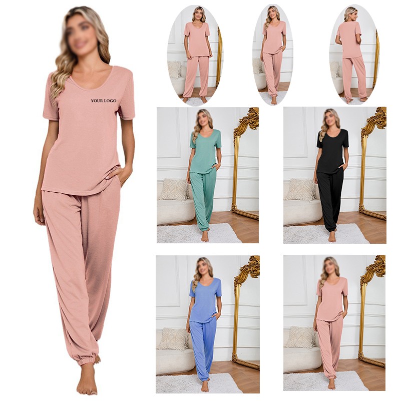 Women Soft Pajamas Short Sleeve Trousers Elegant Casual Two-Piece Solid 2