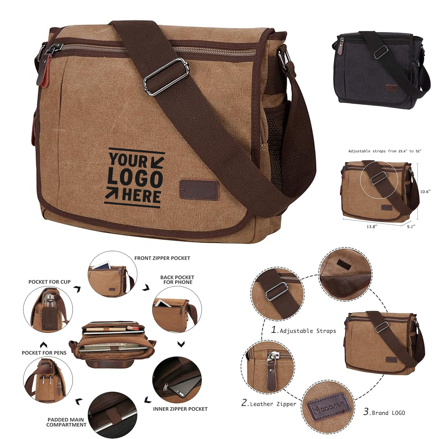 Men 13 Inches Messenger Laptop Satchel Canvas Shoulder Bag with Bottle Pocket 2