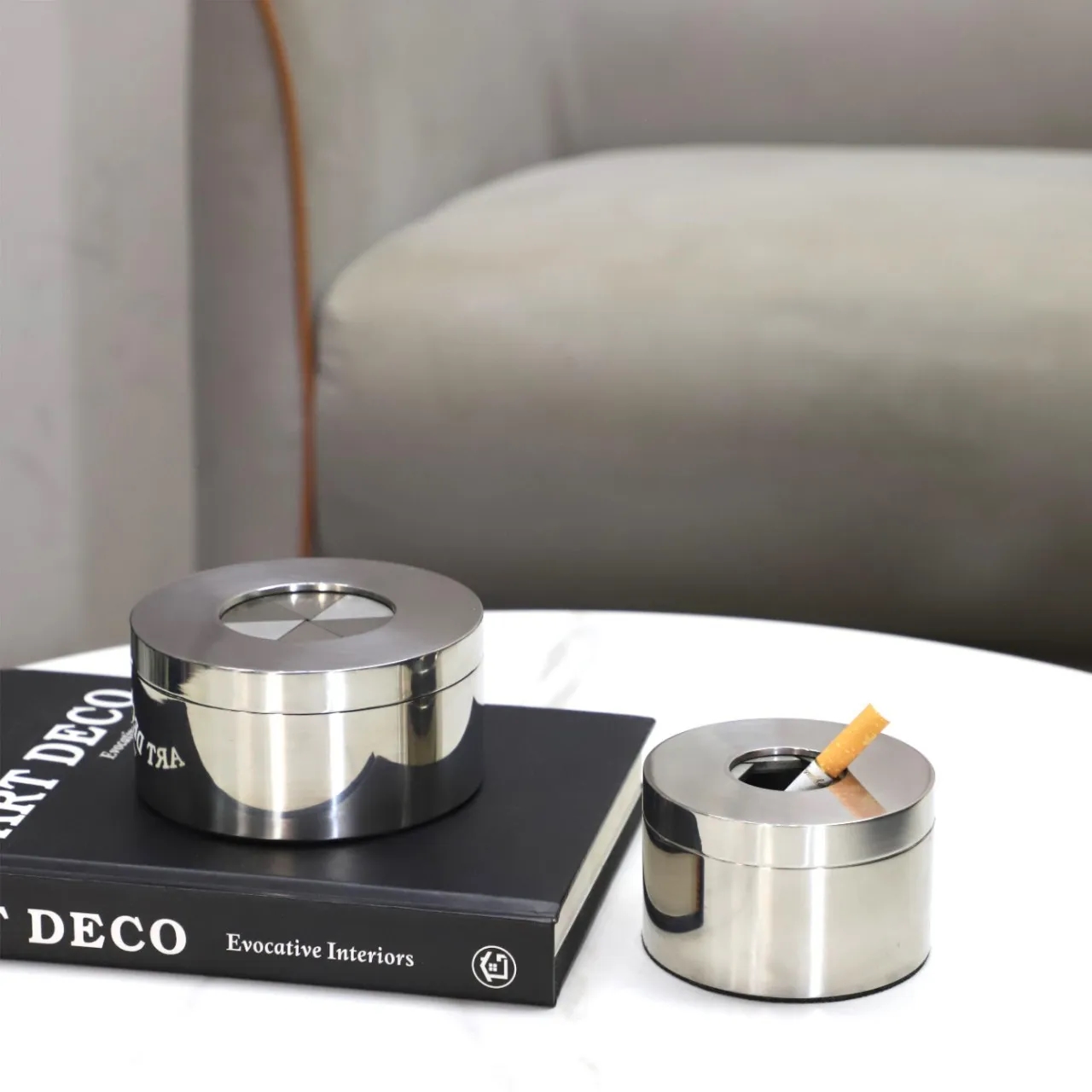 Stainless Steel Rotary Ashtray With Cover 3