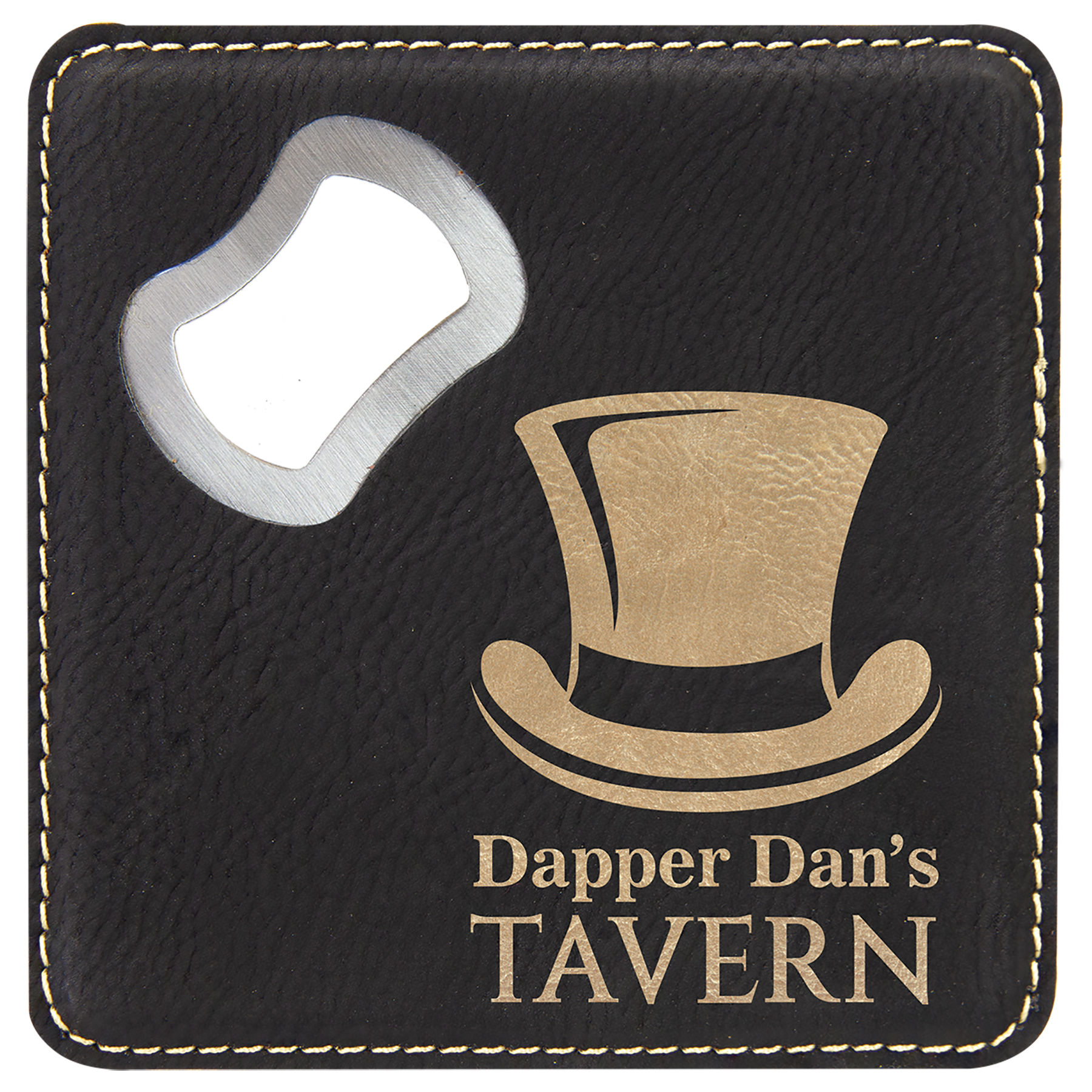 4" x 4" Square Black/Gold Leatherette Bottle Opener Coaster 2