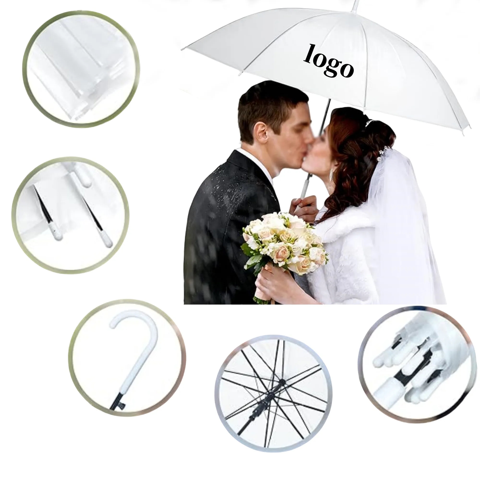 White Windproof Wedding Umbrellas with J Hook Handle 7