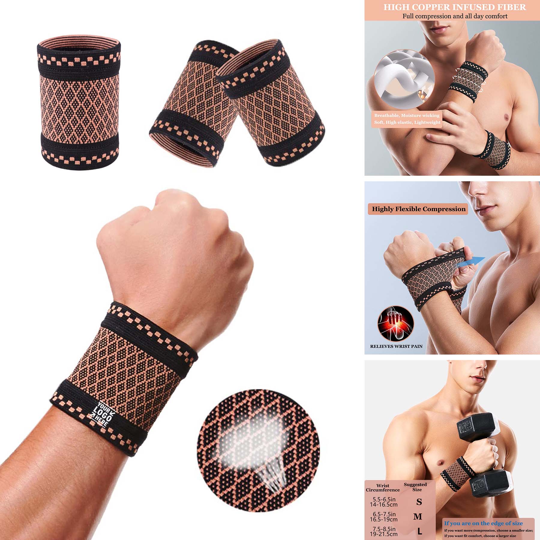  2 Pcs Copper Wrist Compression Brace