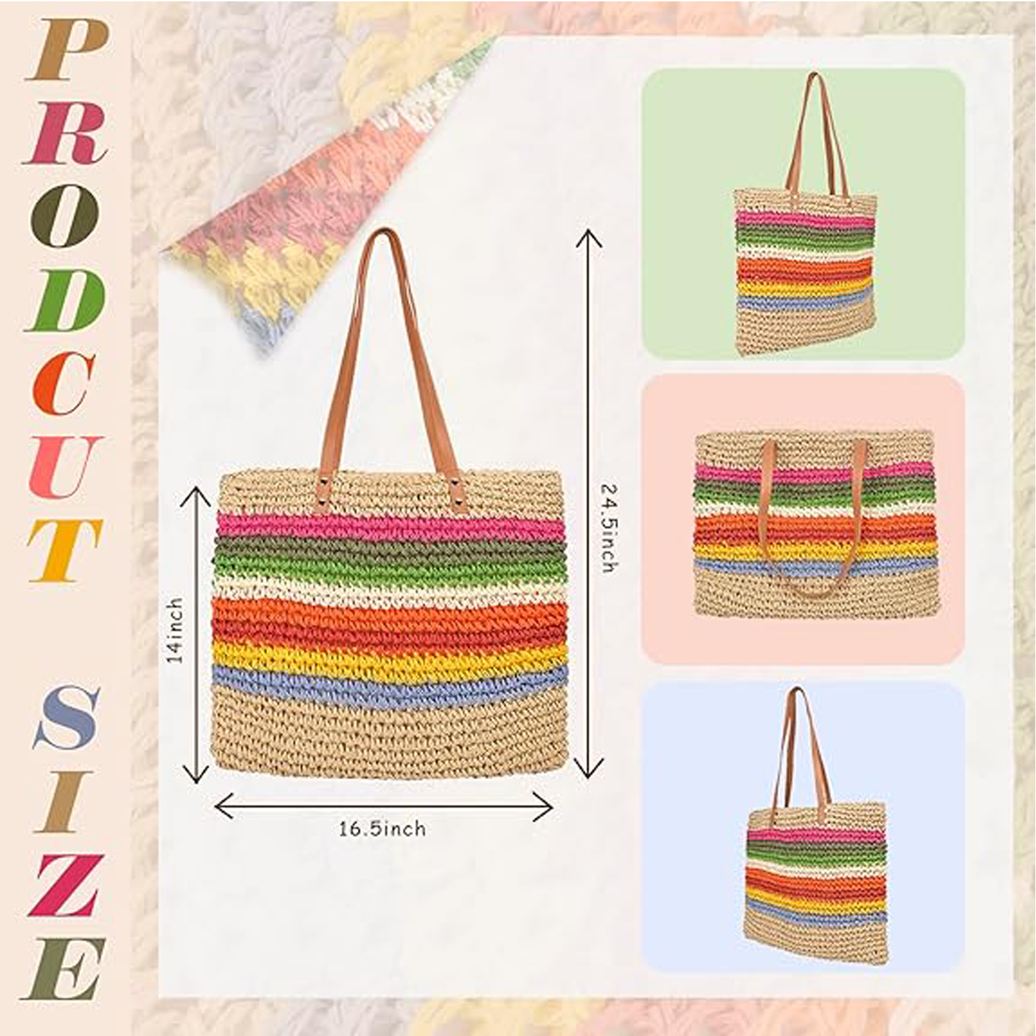 Rainbow Striped Paper Rope Shoulder Bag - Boho Beach Tote 3