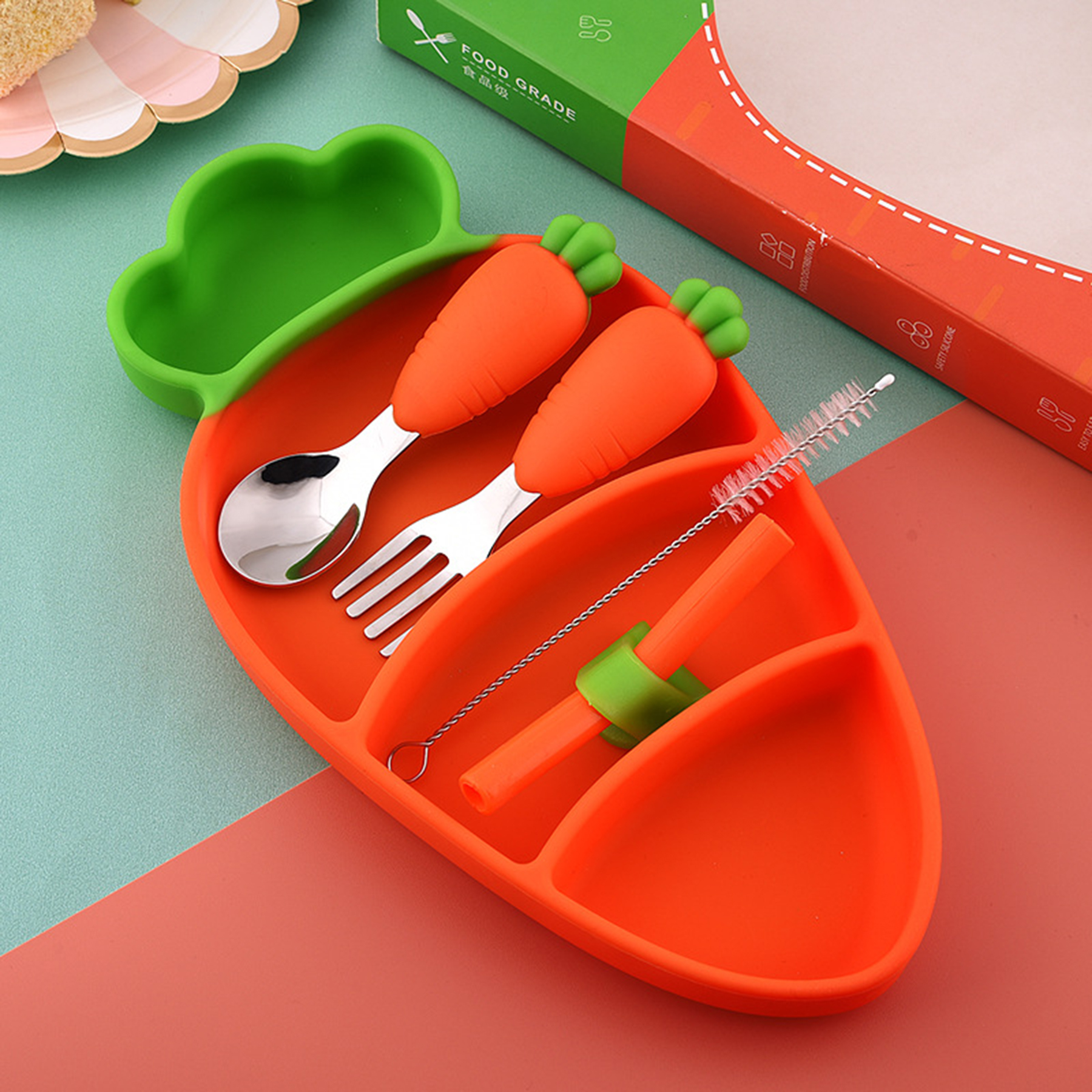 Kids Carrot Silicone Portion Plates Forks Spoons 3