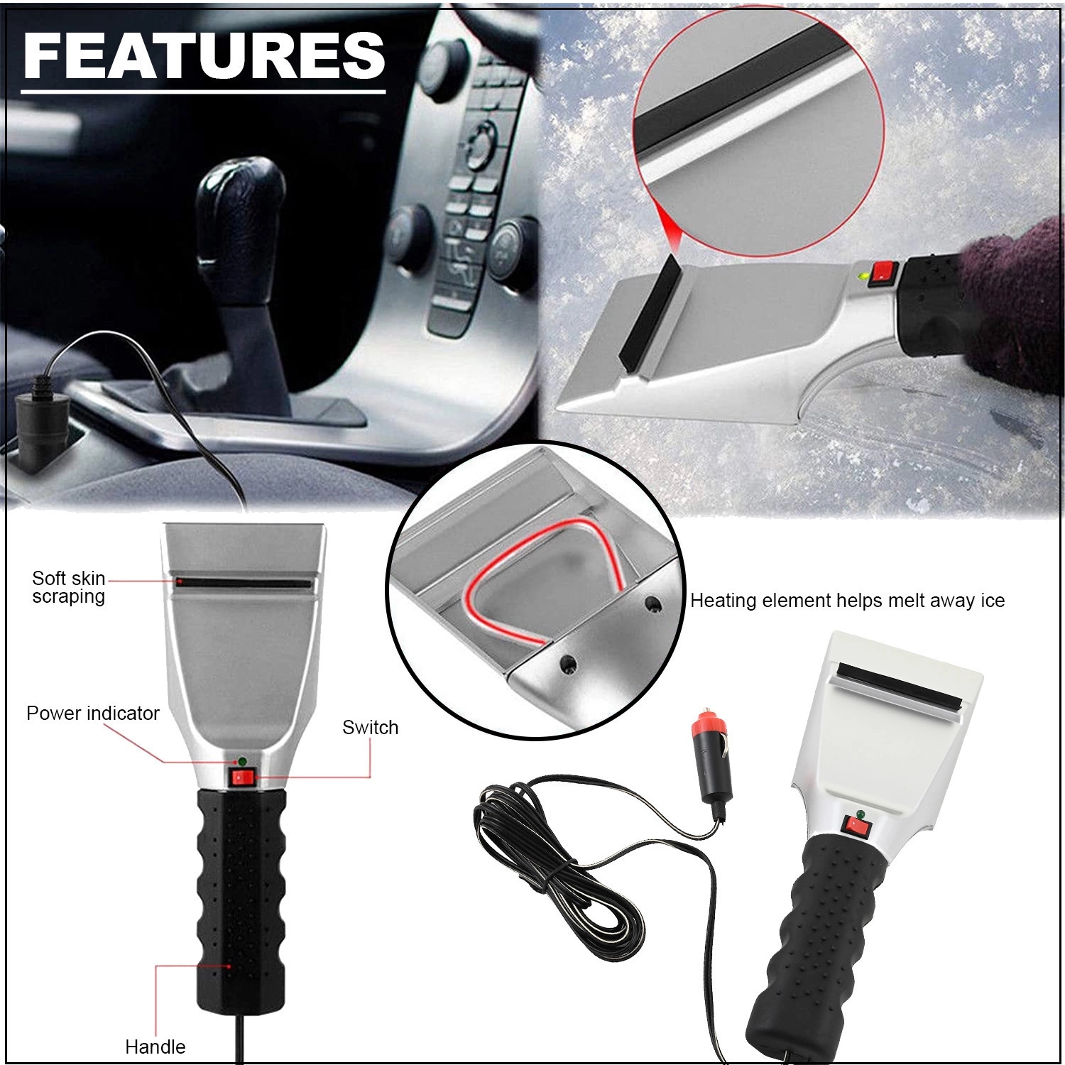 Auto Heated Ice Scraper W/ Flash Light 3