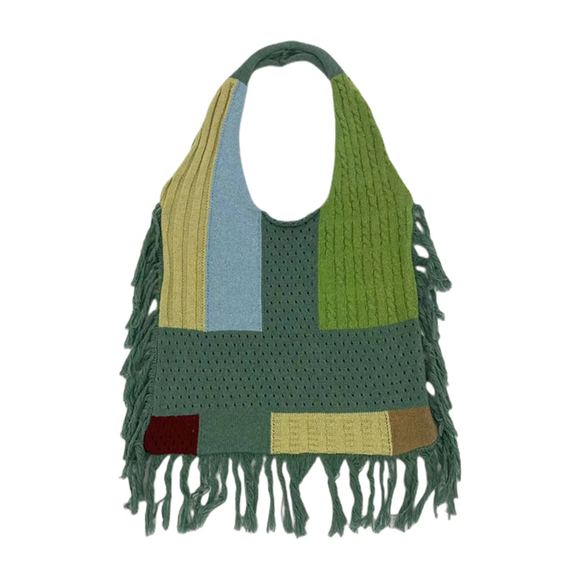 Tassel Patchwork Knitted Tote Bag 6