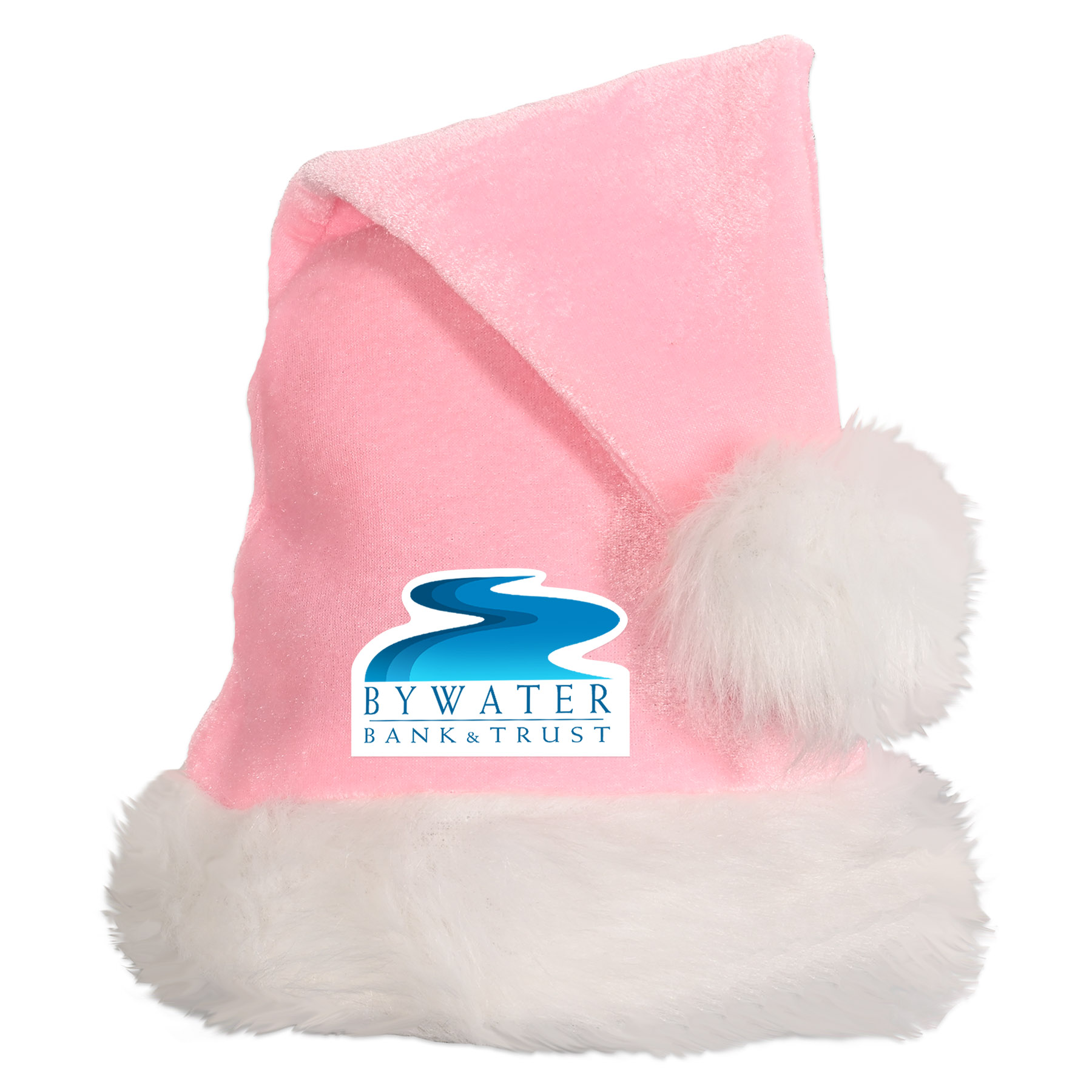 Light Pink Santa Hats w/ White Plush Trim with a Custom Heat Transfer