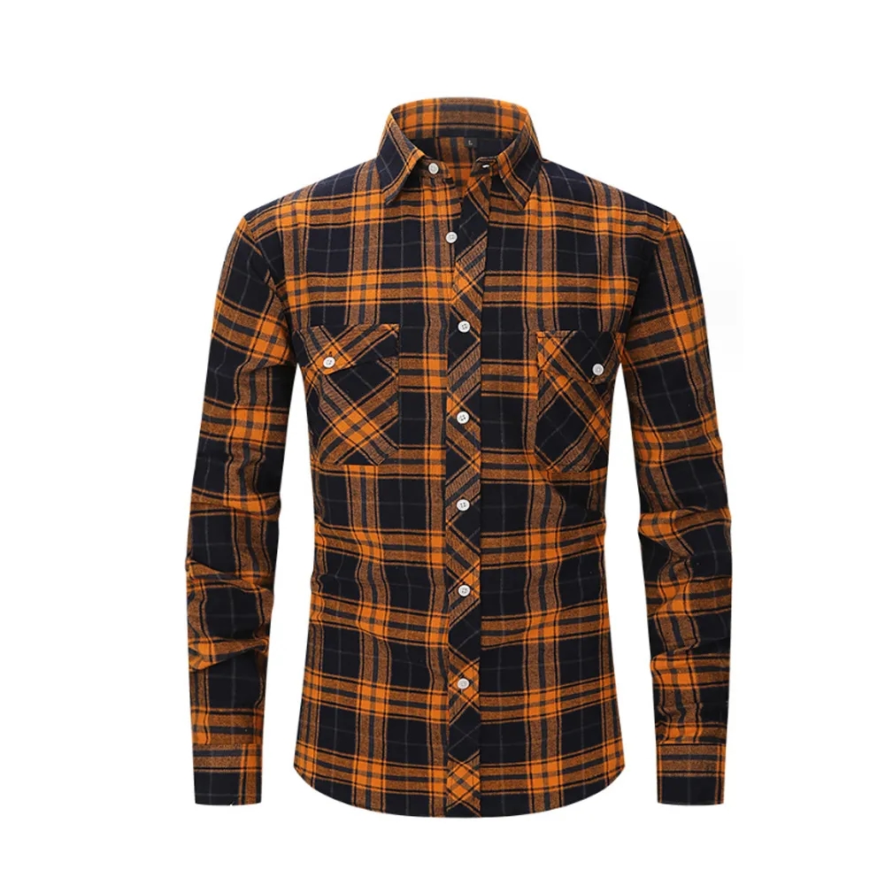 Brushed Plaid Shirt Long Sleeves Double Pockets 15