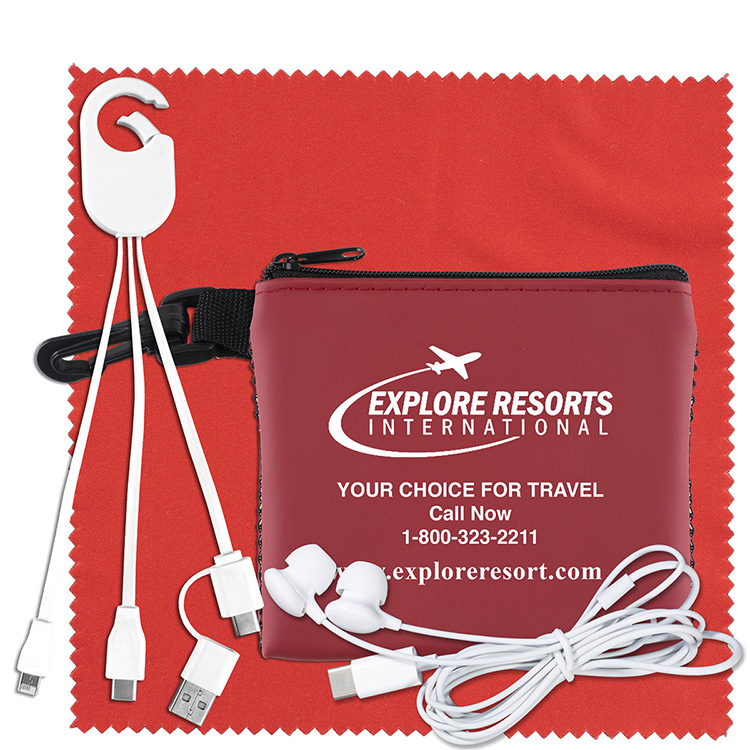 "TechMesh Hang Pro" Mobile Tech Charging Cable Kit in Mesh Zipper Pouch Components inserted into Zip 12
