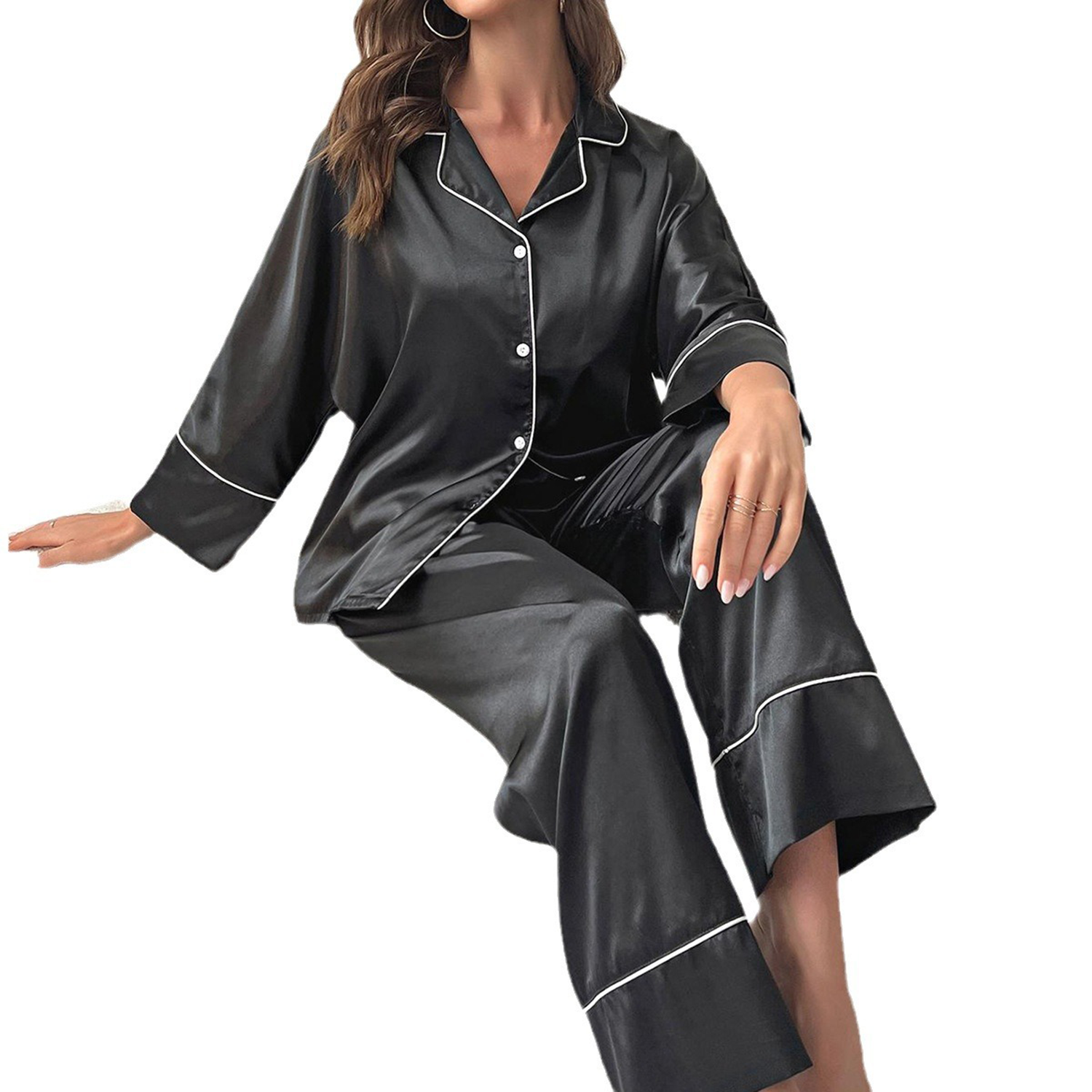 Women Sexy Color Solid Satin Long Sleeve Pants Pajama Set 4