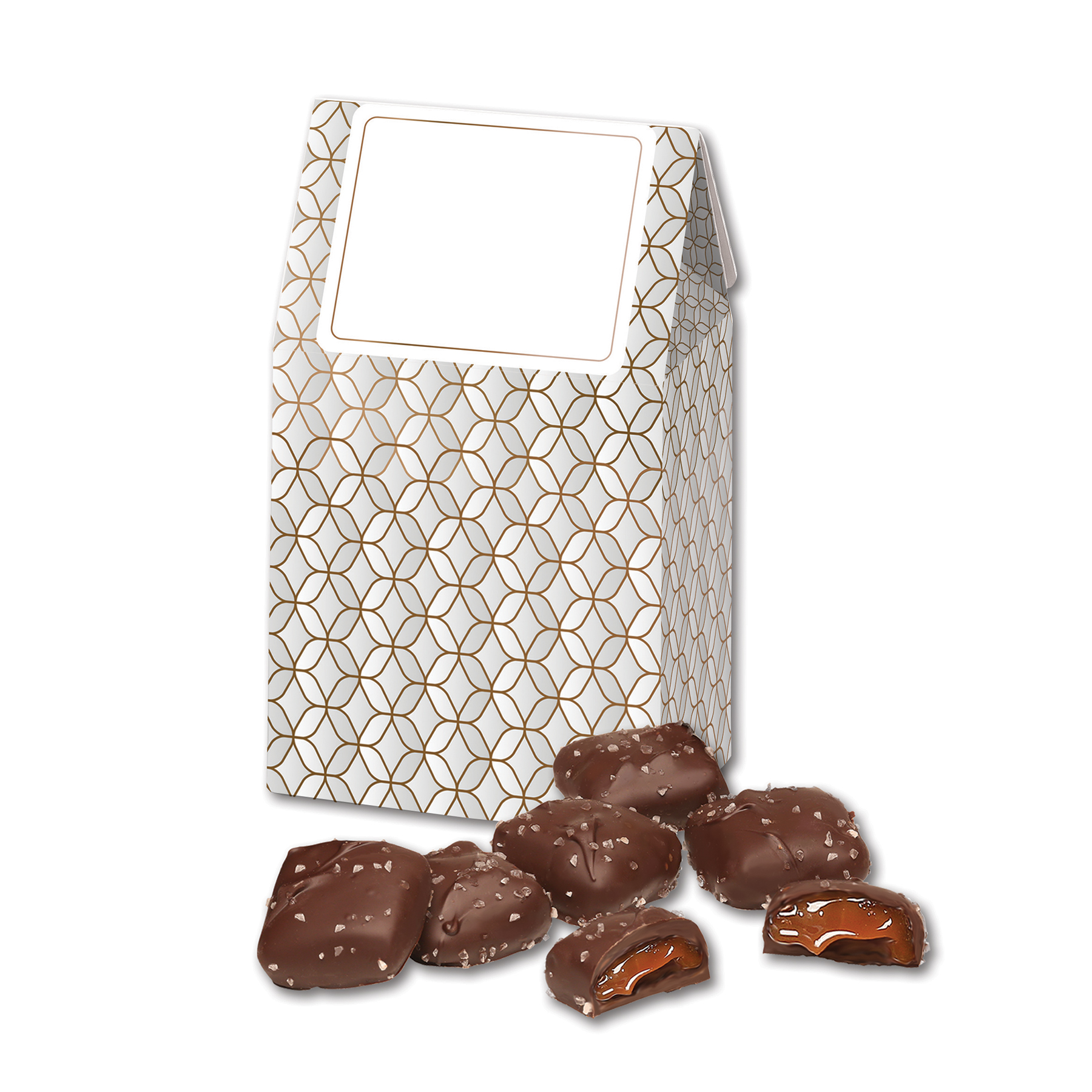 Chocolate Sea Salt Caramels in Silver & Gold Geometric Gable Top Gift Box 3