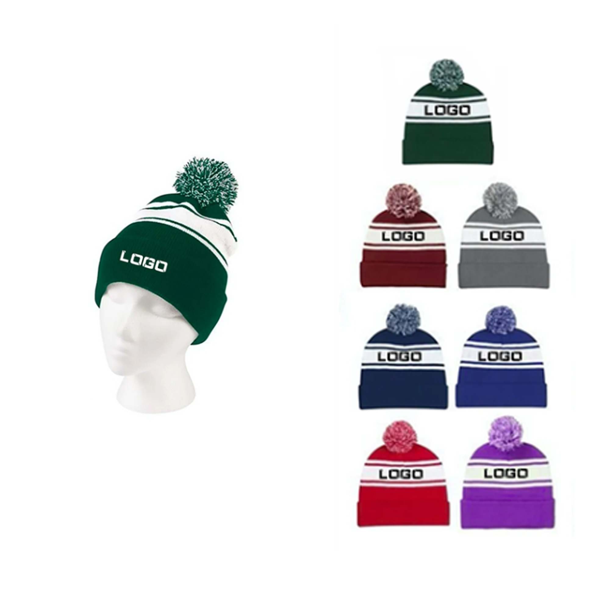 Full Color Knit Beanie with Pom 2