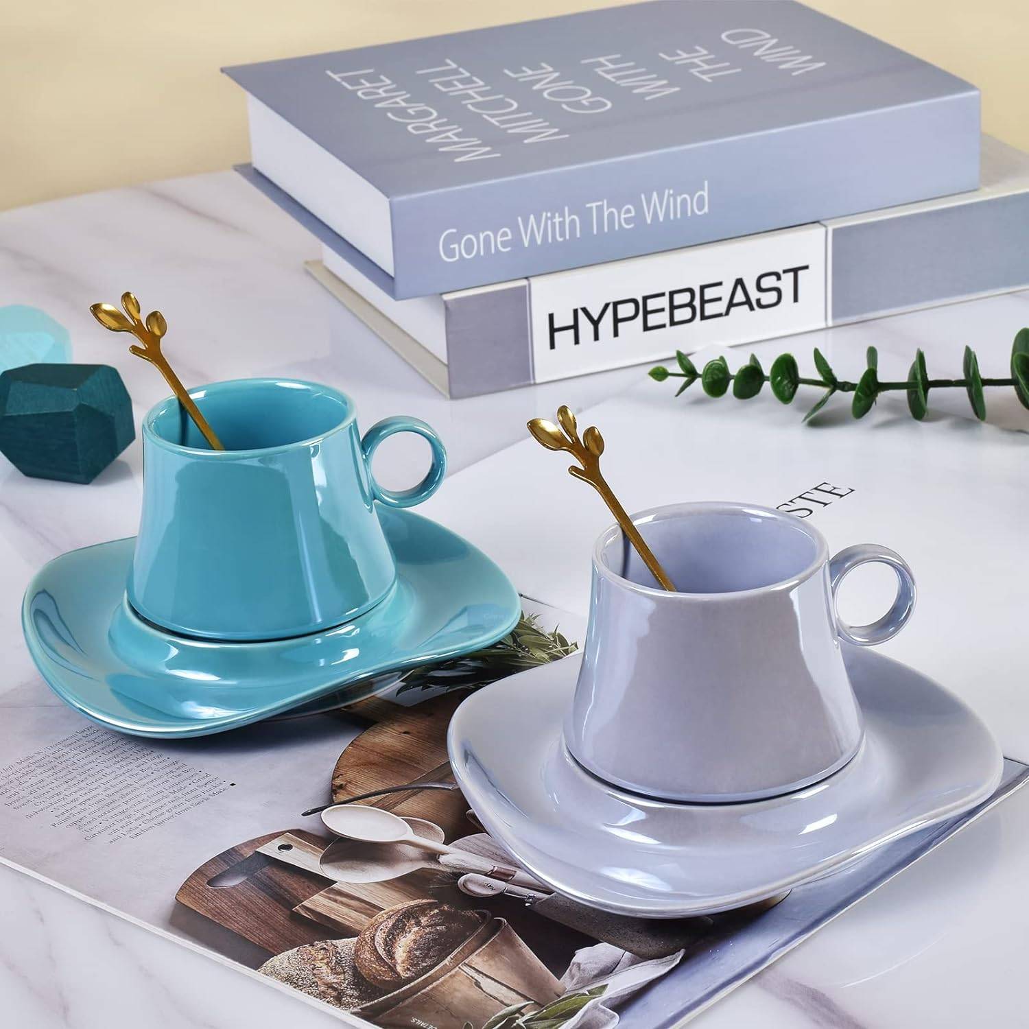 5.5Oz Cute Creative Ceramic Coffee Mug With Saucer Set 3