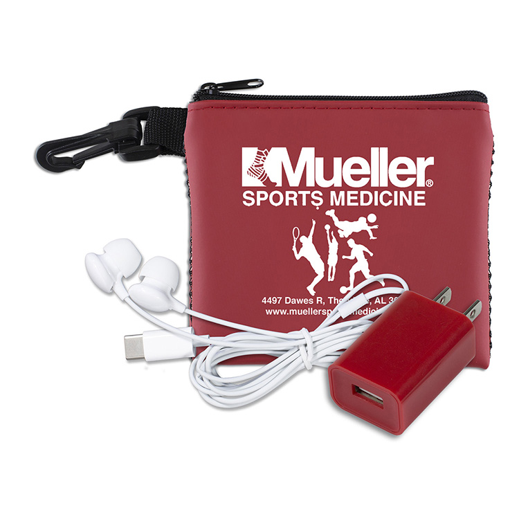 “TechMesh Charge” Mobile Tech Earbud and Charger Kit in Mesh Zipper Pouch Components inserted into Z 4