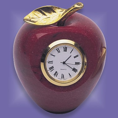 Solid Red Genuine Marble Apple-Shaped Paper Weight w/Clock and Gold-Plated Brass Leaf and Stem 1