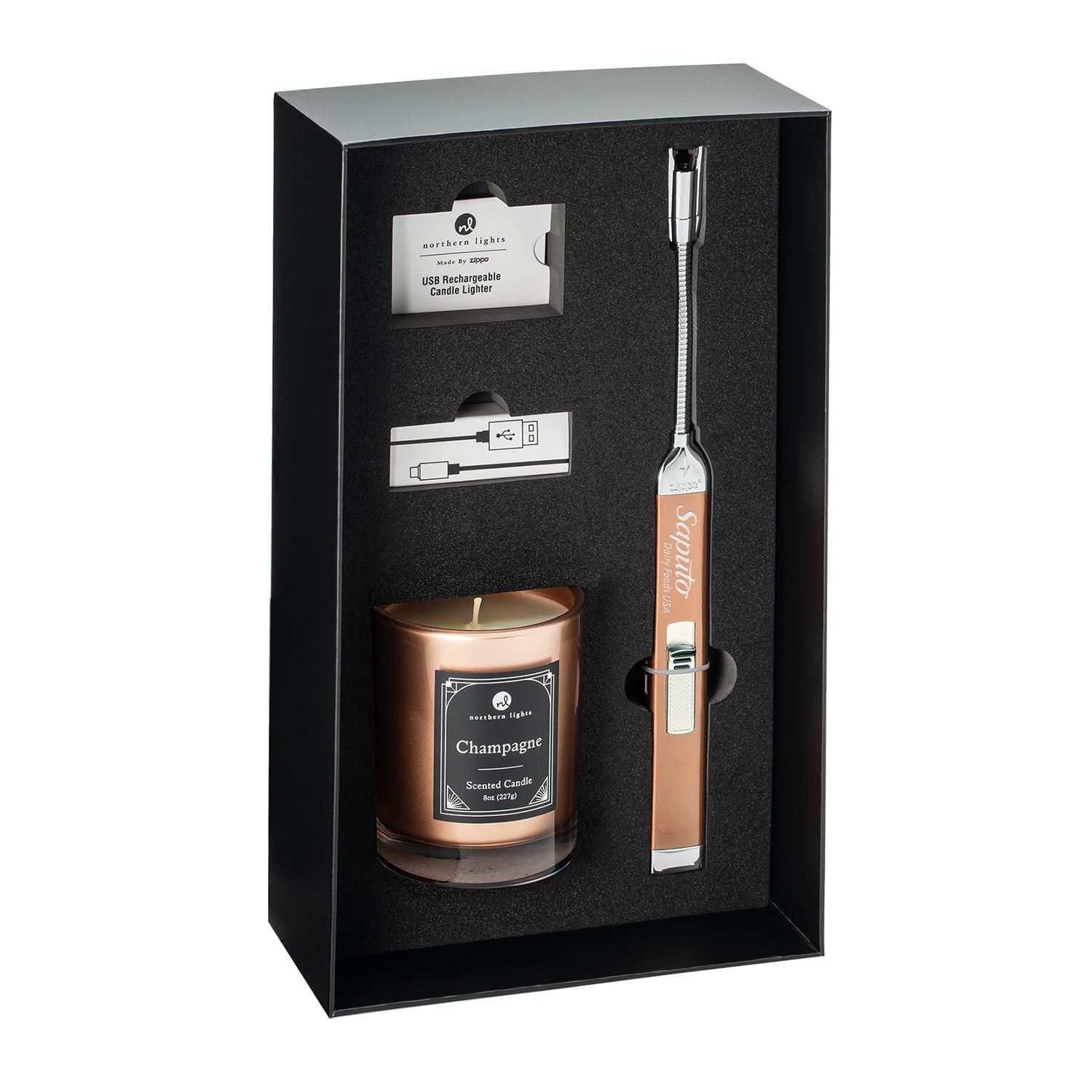 Rose Gold Rechargeable Candle Lighter & 8 oz Champagne Candle Gift Set