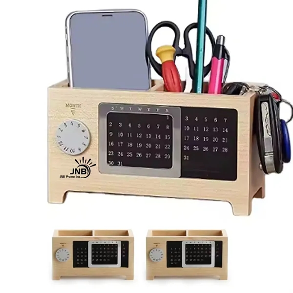 Wooden Perpetual Calendar with Pen Holder and Storage Box