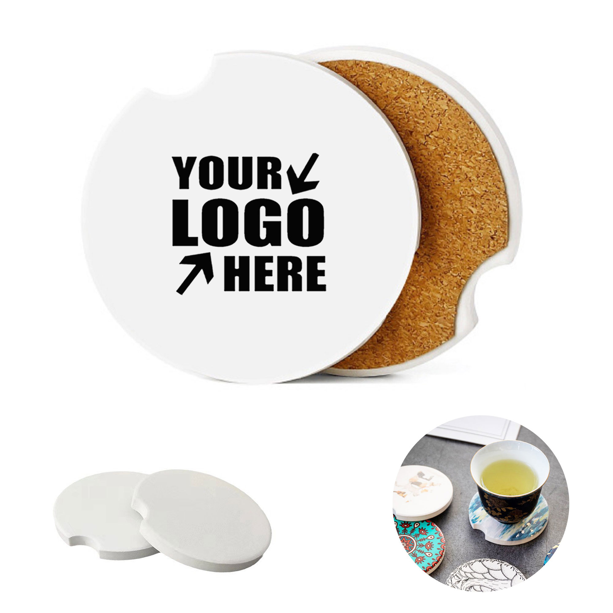 2.56" Absorbent Ceramic Car Coaster With Cork Base Anti-Slip 3