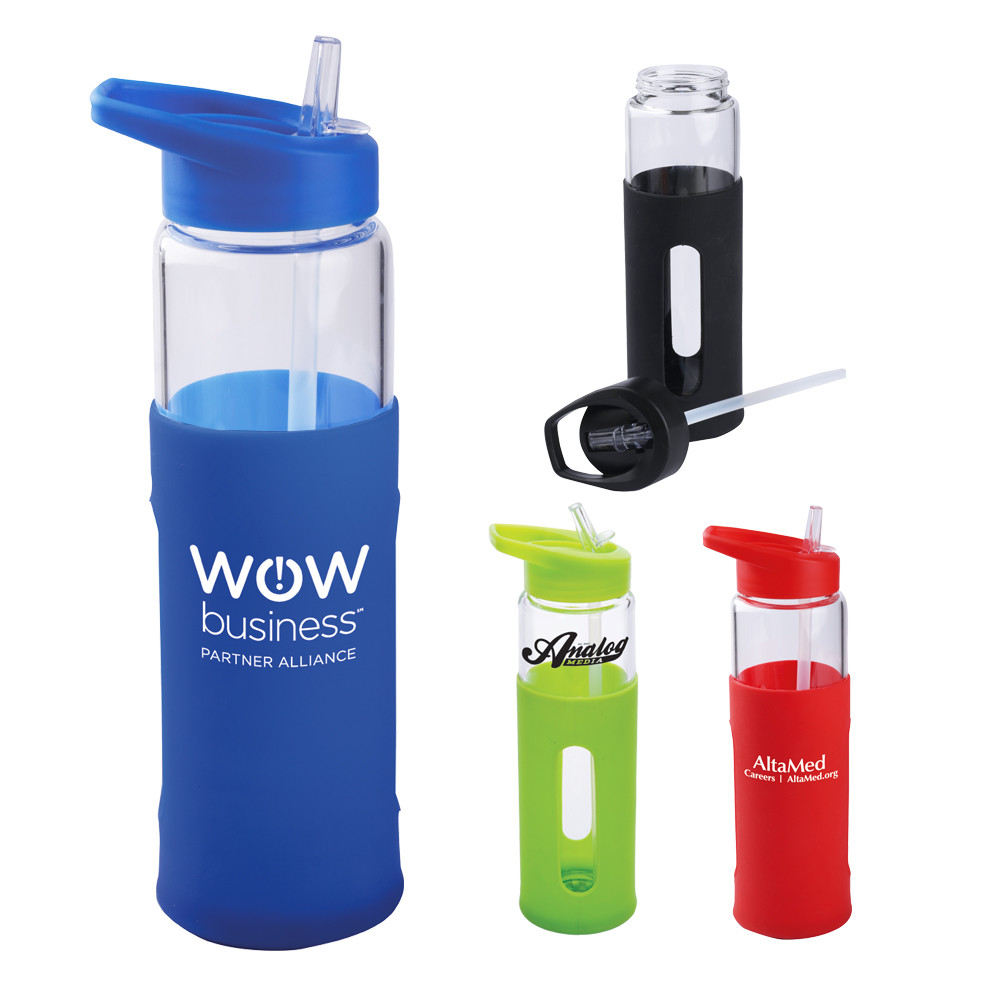 20 Oz. Glass Bottle w/Sports Lid & Silicone Sleeve