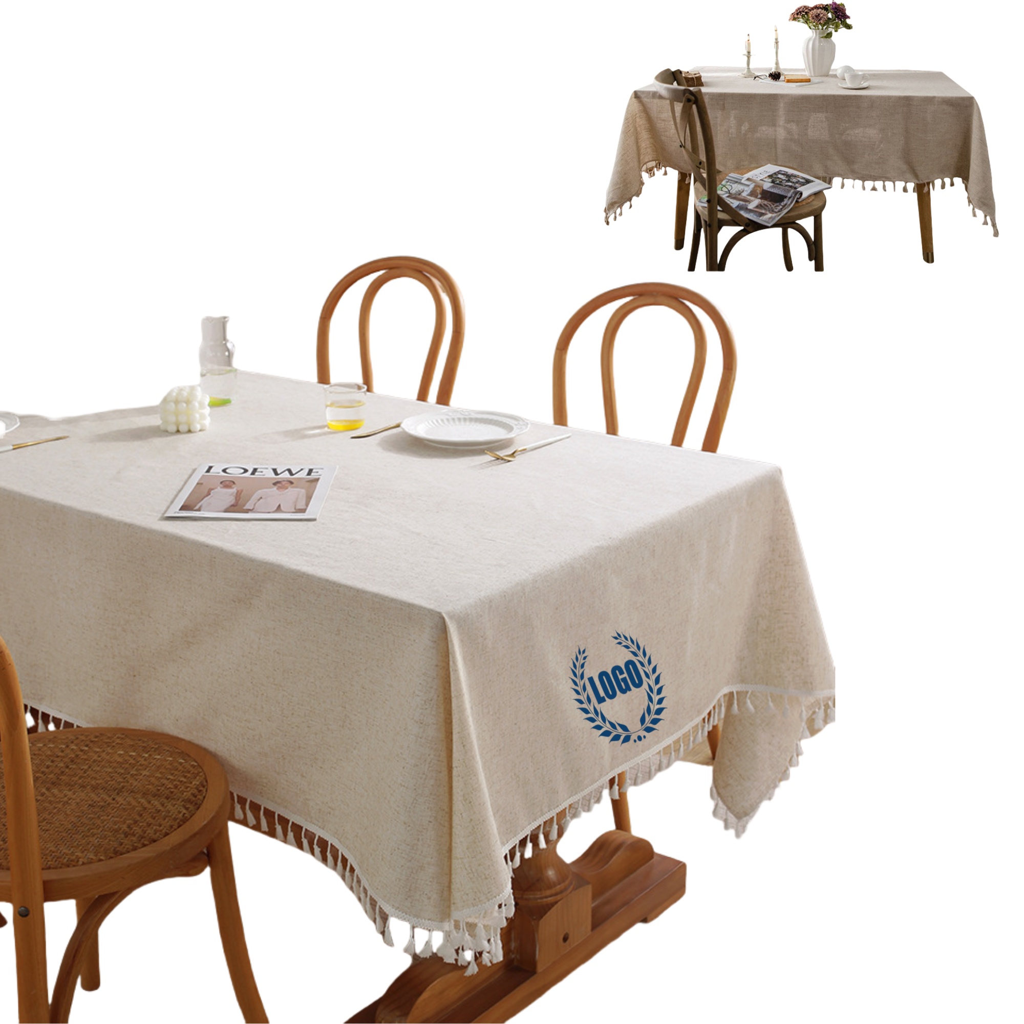 Washable Cotton Linen Tablecloths Fabric Tassel Tablecloth 2