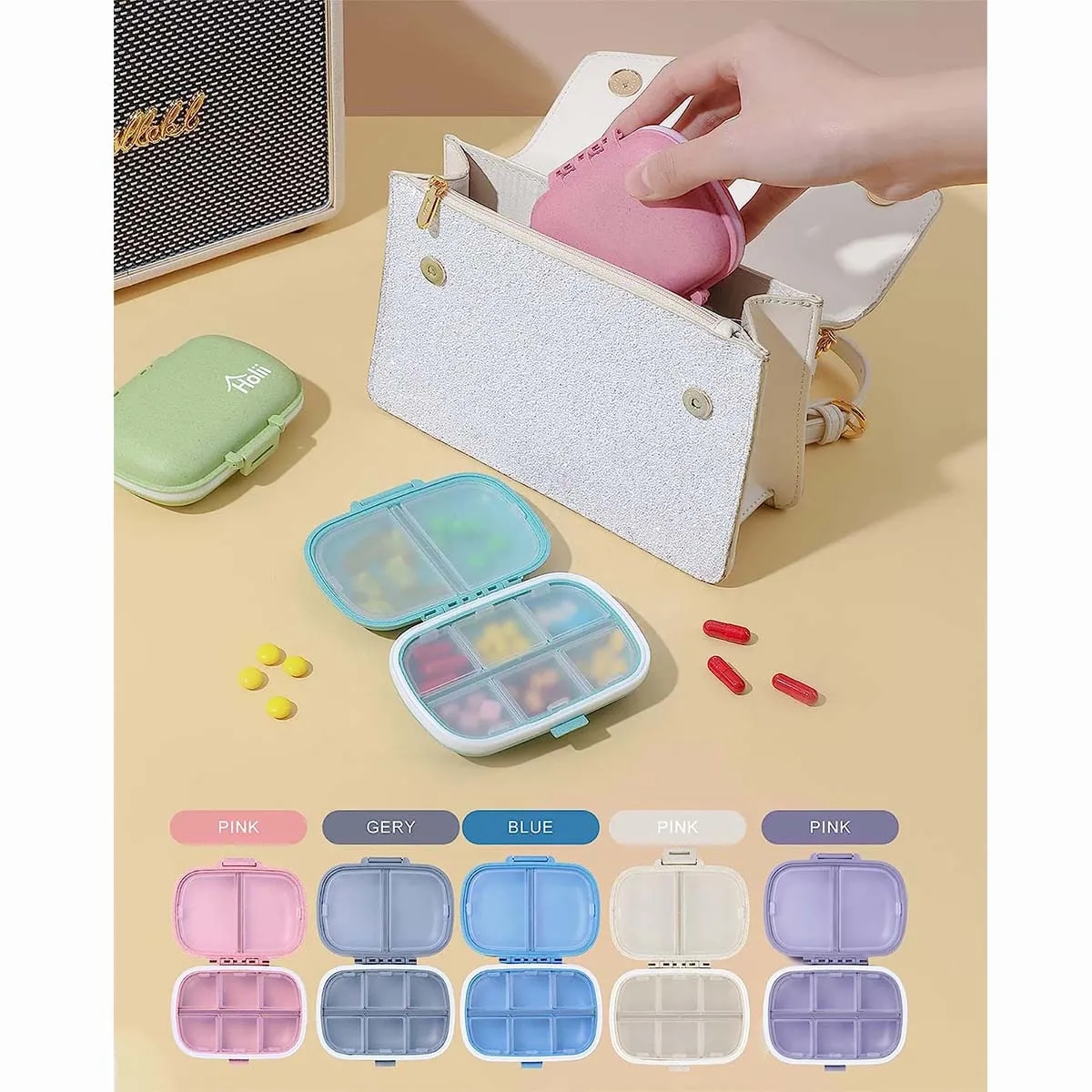 8 Compartments Wheat Straw Portable Daily Pill Organizer 8