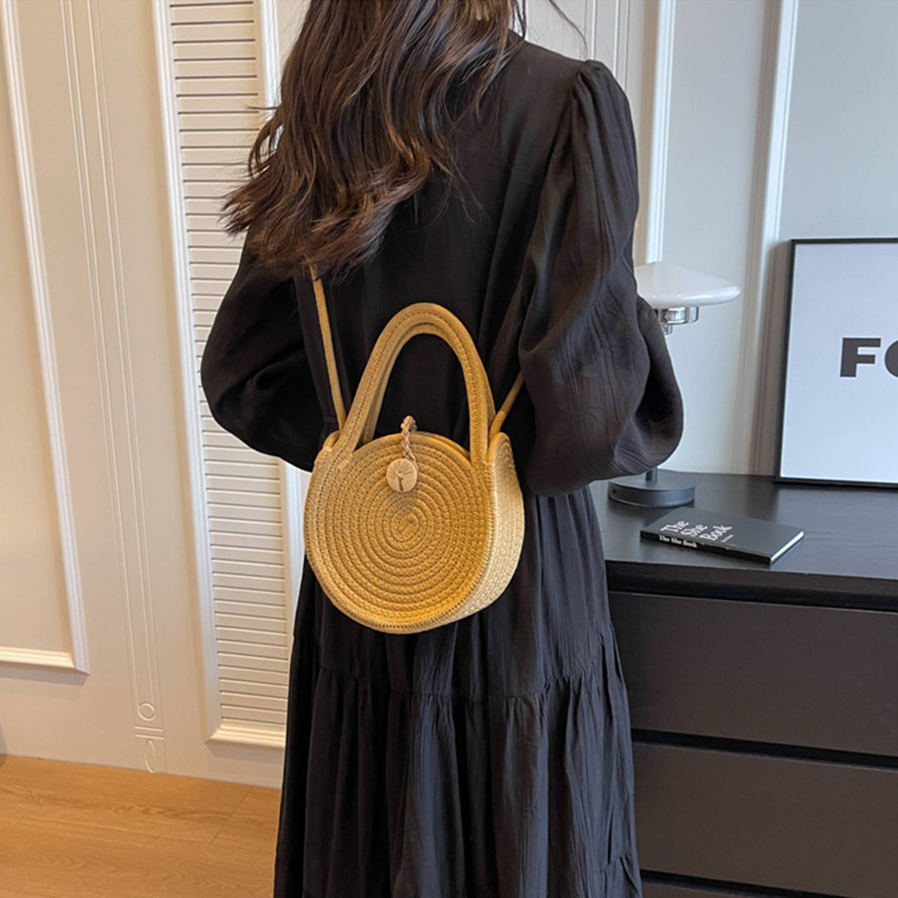 Straw Solid Round Tote Cross-body Bag 5