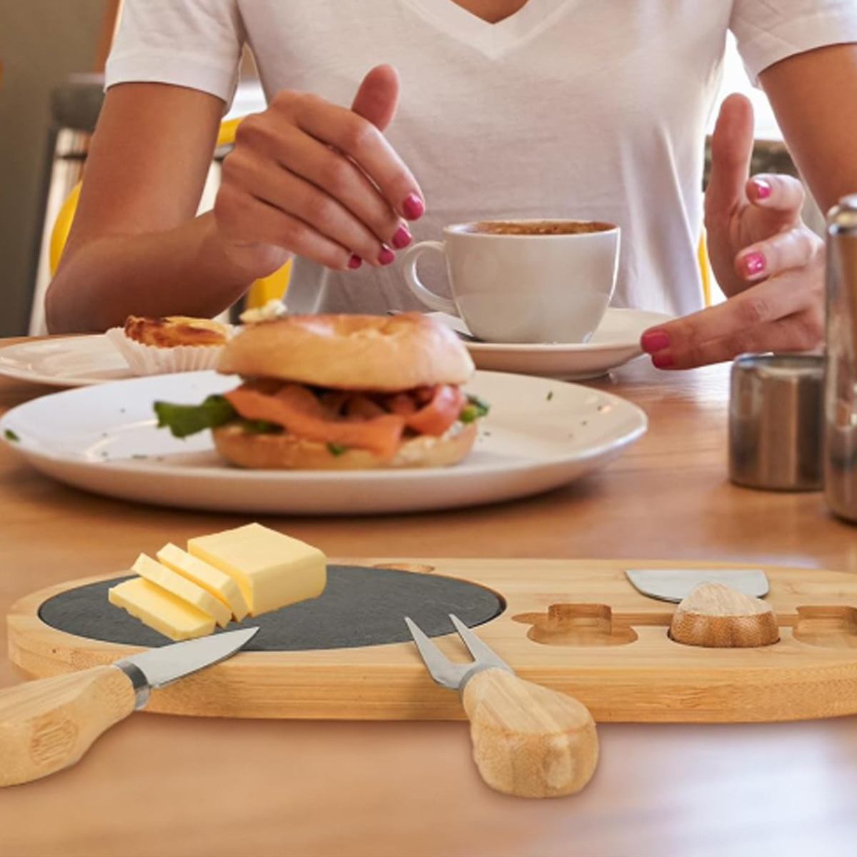 Bamboo Cheese Board Set W/ Slate Plate and 3 Cheese Knives 4