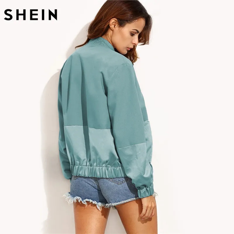 Green Mixed Media Bomber Jacket with Zipper Pocket 3