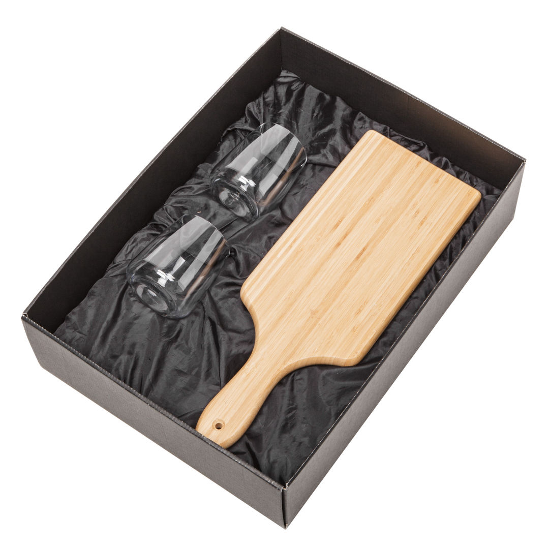 Swissmar® Bamboo Board & 2 Dunhill Stemless Wine 1