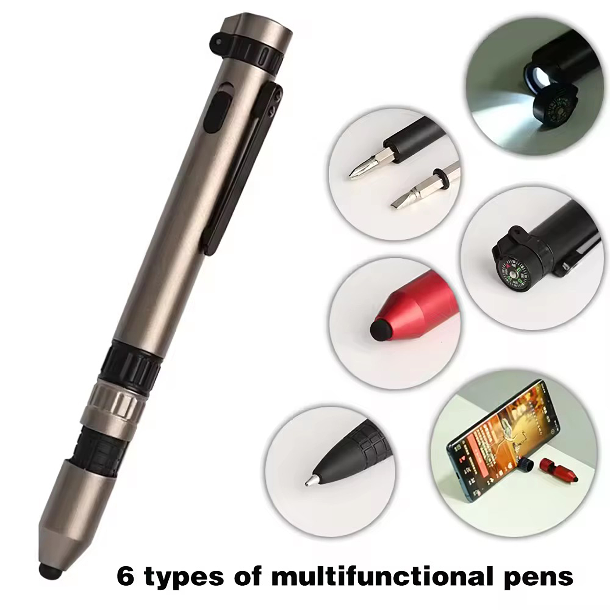6 in 1 Multifunction Tool Ballpoint Pen with Outdoor Compass Screwdriver Torch Stylus Mobile Phone 2