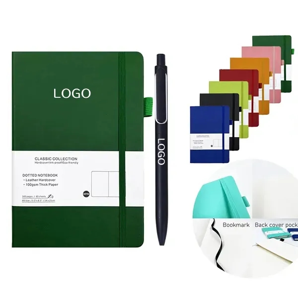 A5 Leather Dotted Notebook and Metal Pen Set 8