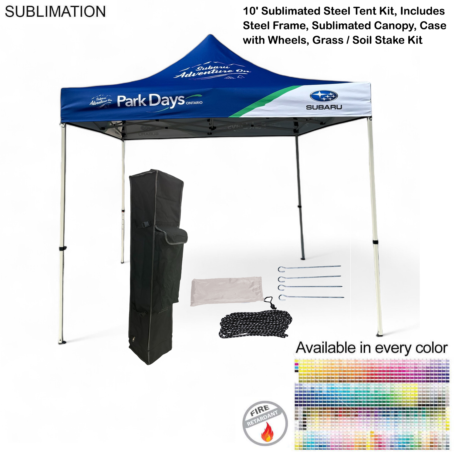 48Hr Quick Ship - 10' Steel Tent Kit, Includes Steel Frame, Sublimated Canopy, Case, Grass Stake Kit 34