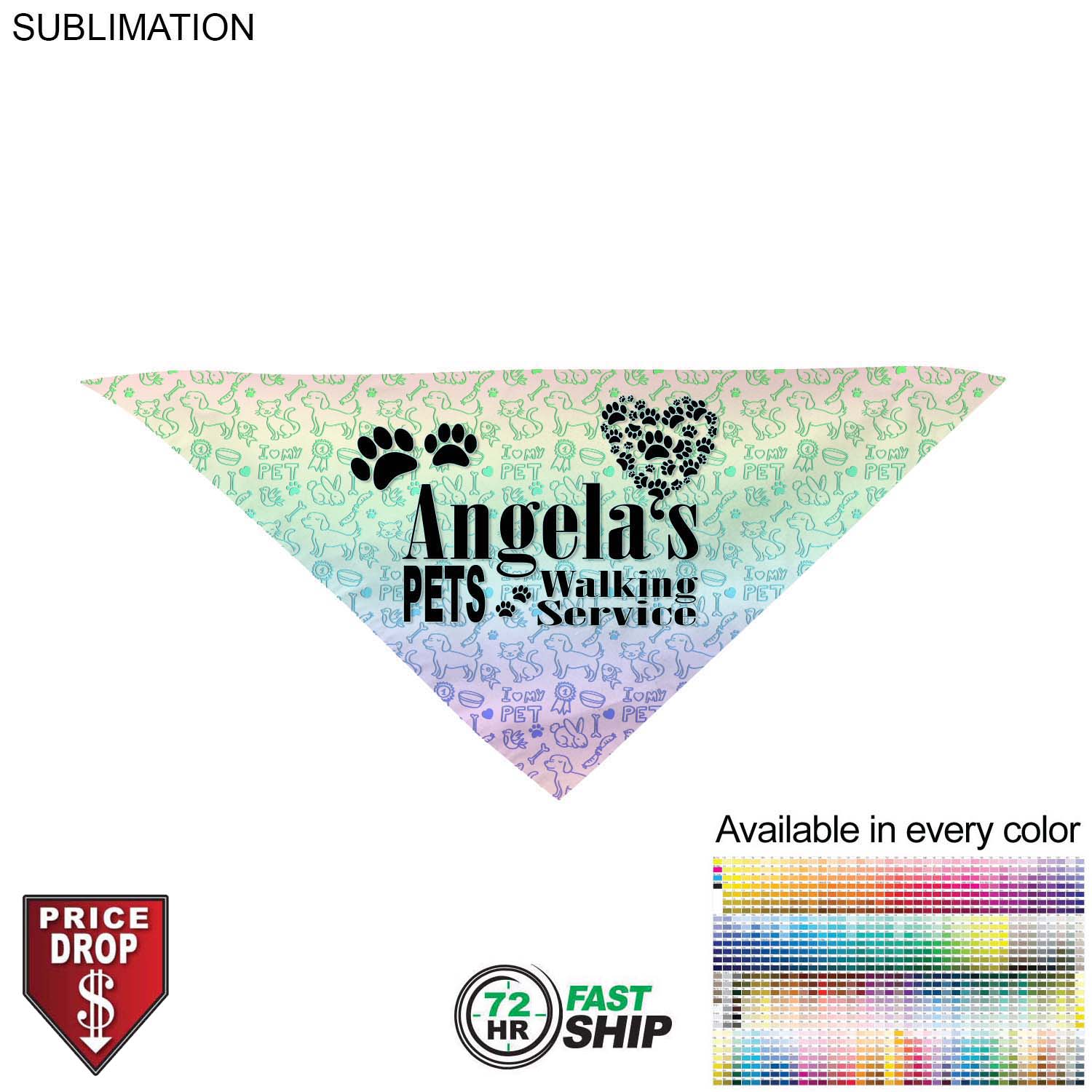72 Hr Fast Ship - Medium Dog Bandana, 19x19x27, Stitched Edges, Sublimated Edge to Edge 5