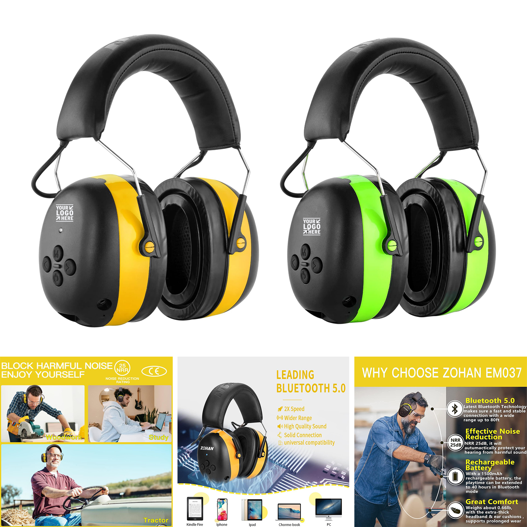 25dB Noise Reduction Bluetooth Hearing Protection Headphone with 1500mAh Rechargeable Battery