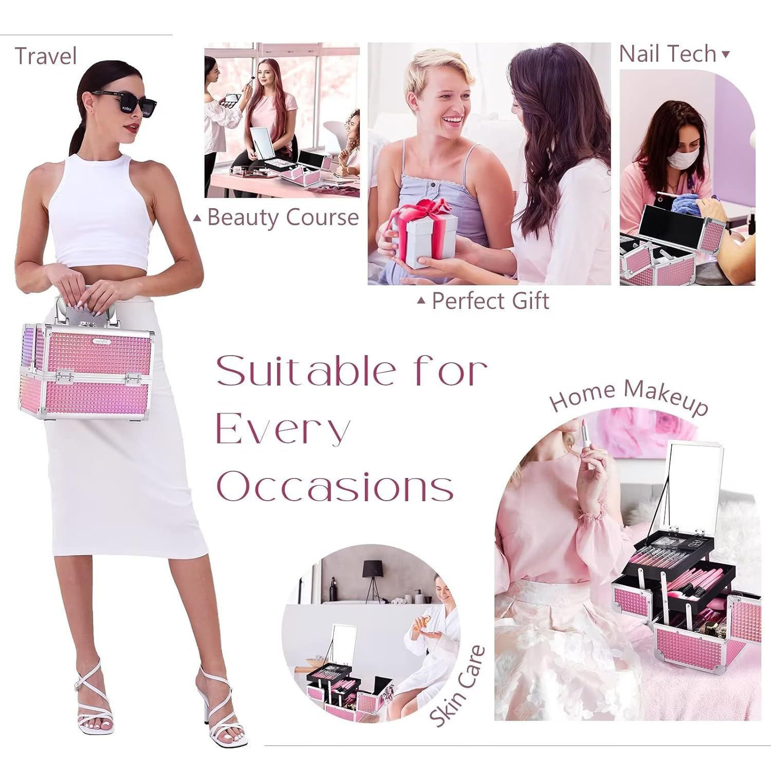 Portable Diamond Patterned Pink Makeup Case With Mirror 8
