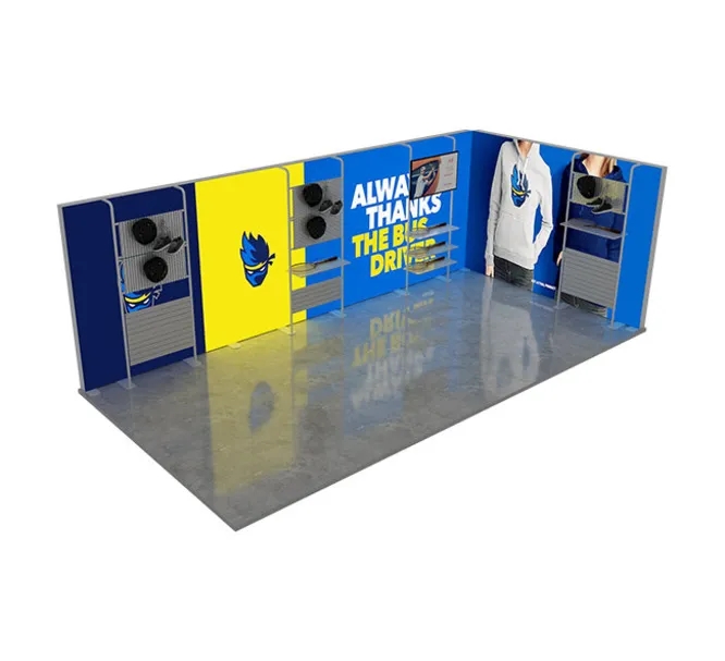20ft Backlit Trade Show Display – LED Lightbox Backwall with Shelving 5