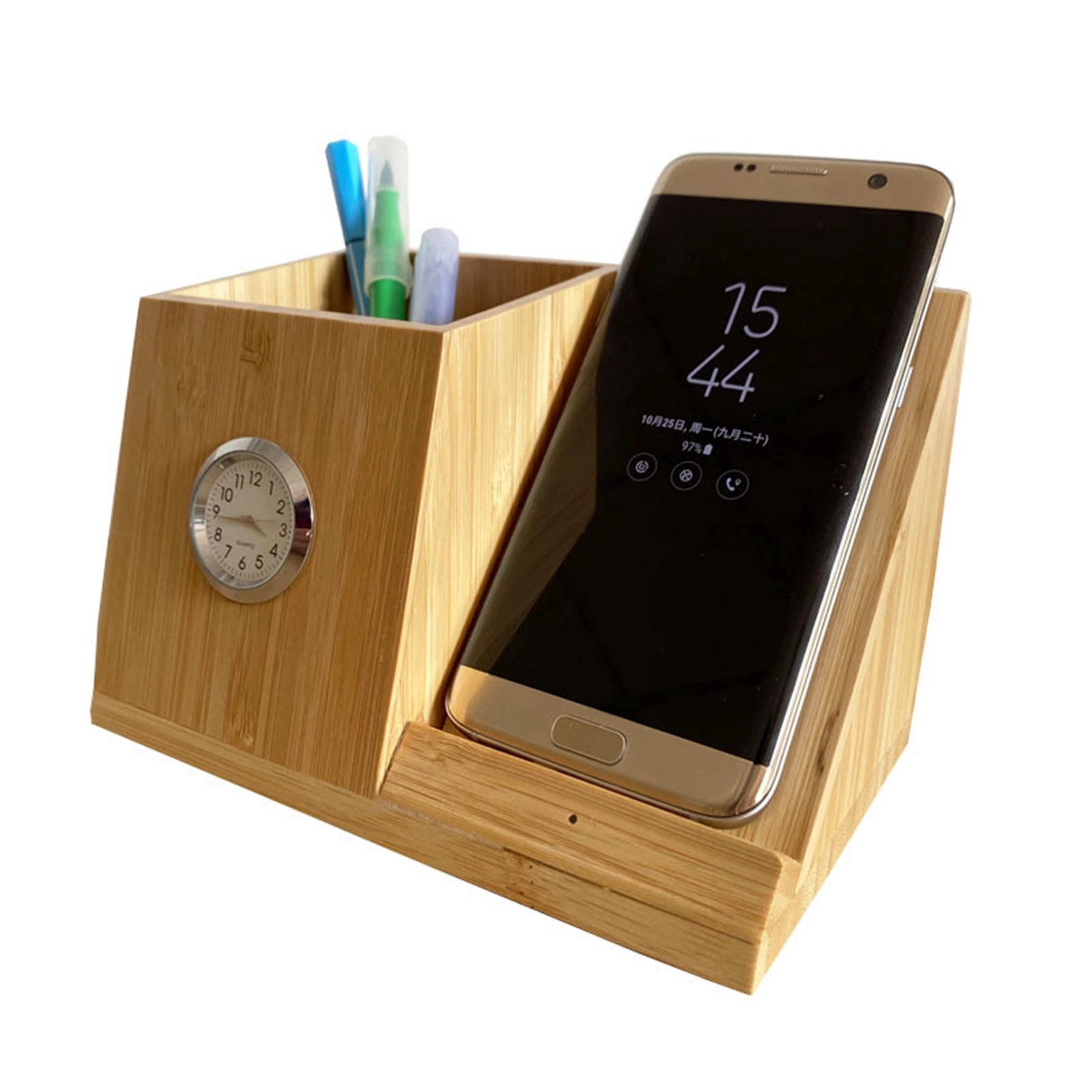 10 W Bamboo Wireless Charger Organizer with Clock 7