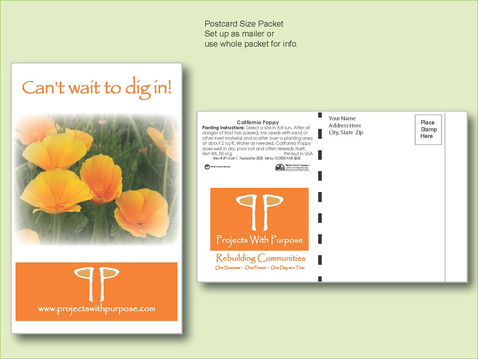 California Poppy Flower Seed Packet - Postcard Mailer Size 4" x 6.5" 1