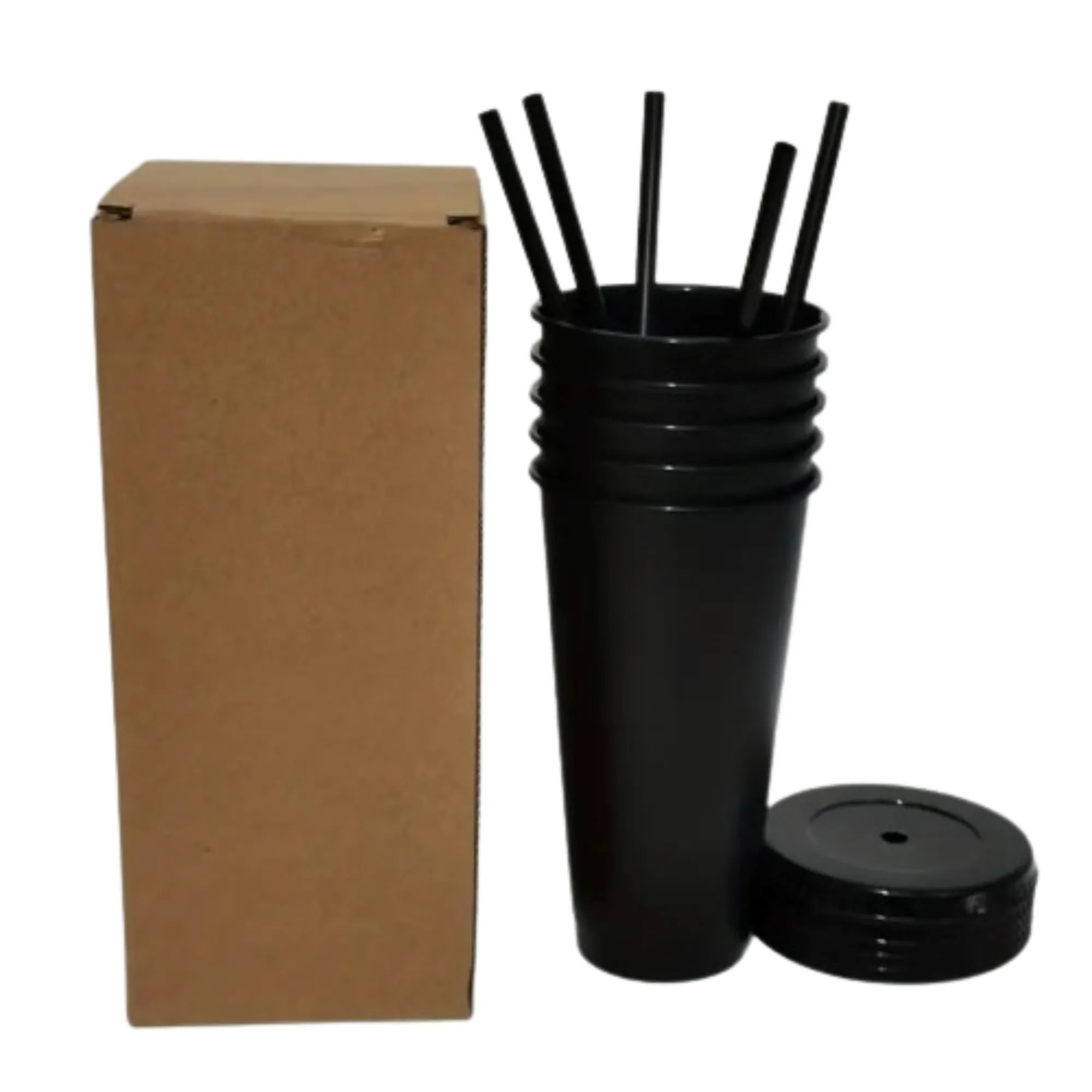 24oz Reusable Plain Plastic Cups With Lids And Straws 3